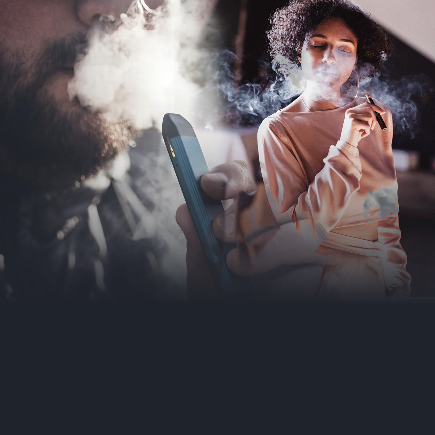 Two people smoking with smoke in a dark setting