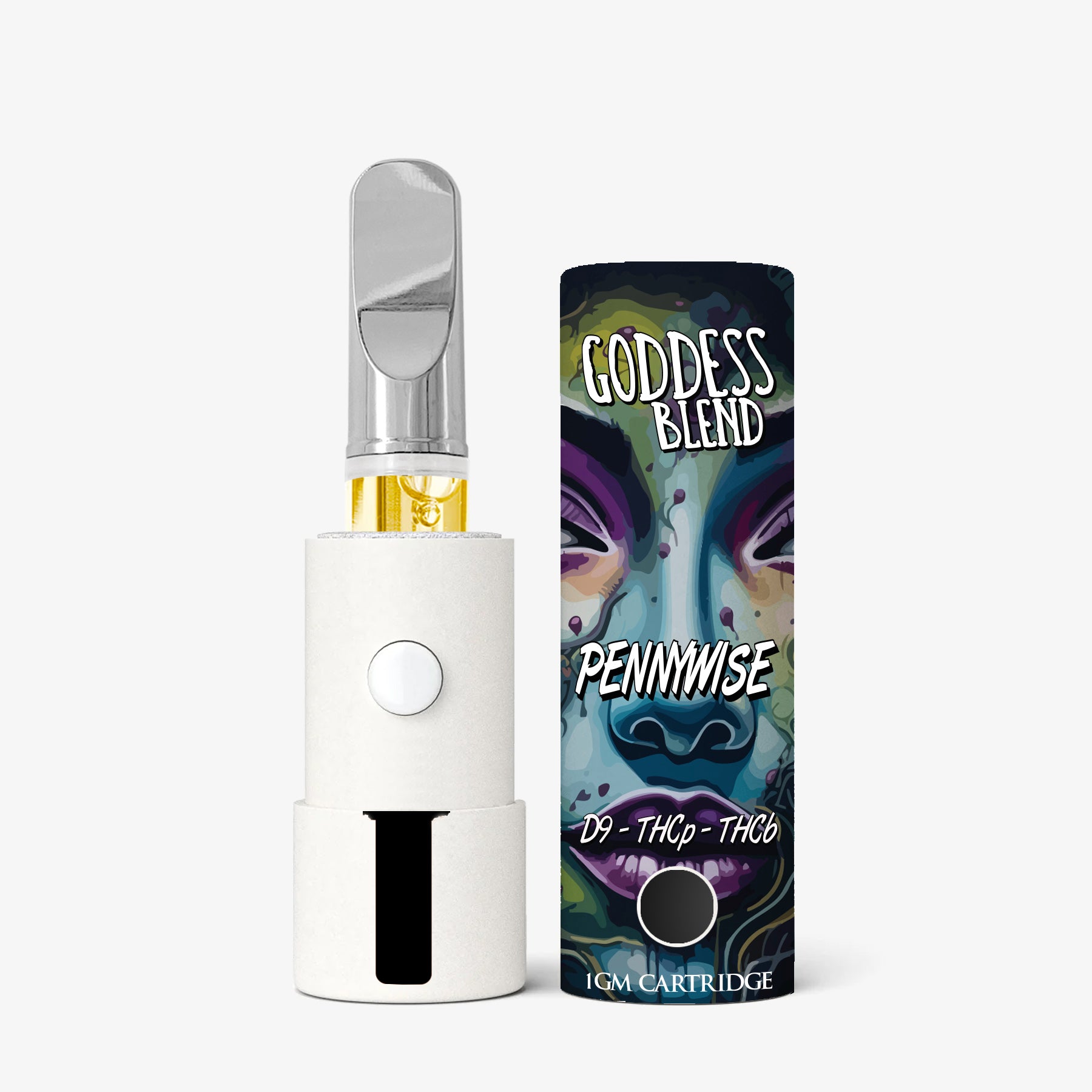 White vape pen with colorful packaging labeled 'Goddess Blend Pennywise' on a white background