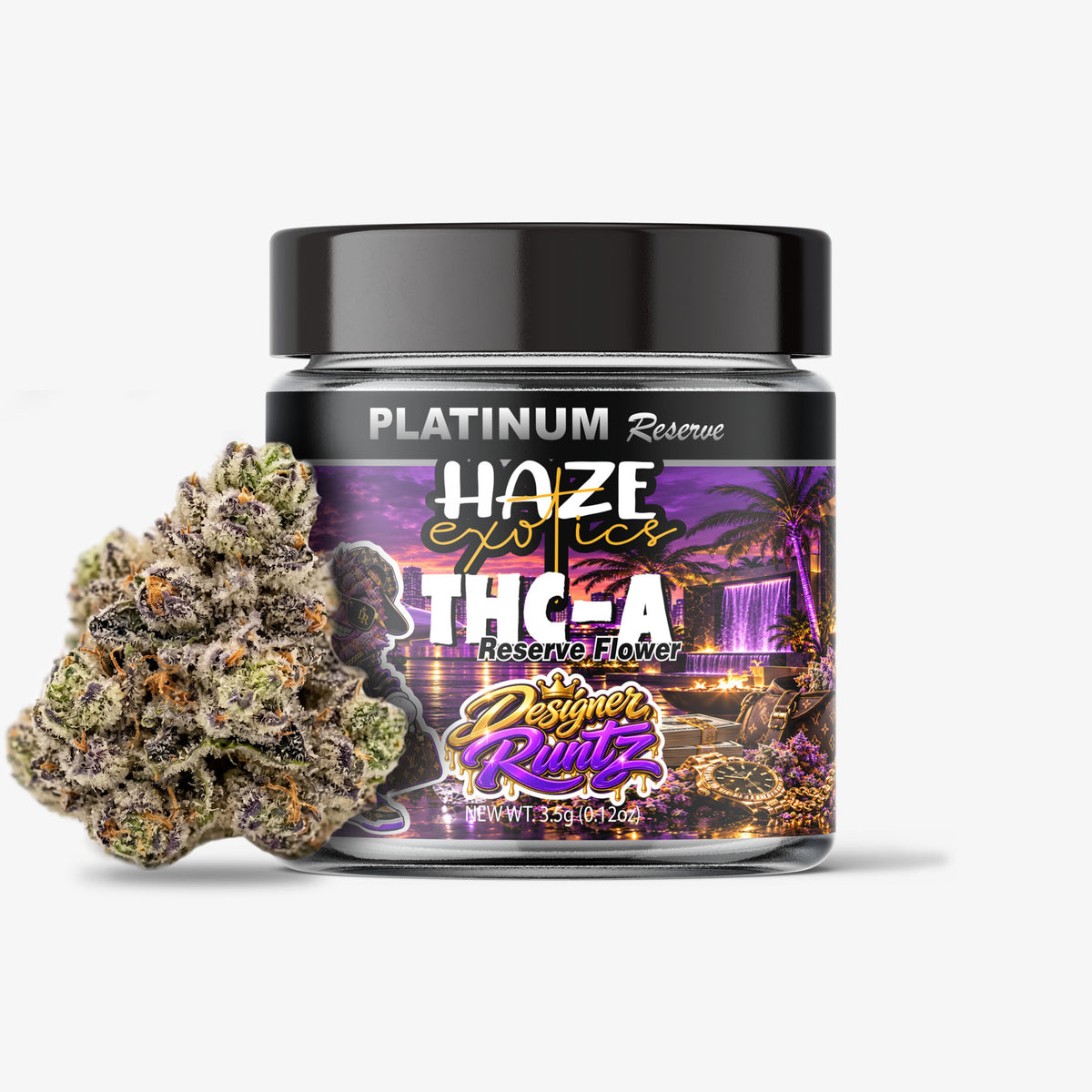 A jar of Platinum Resume Haze Exotics THC-A Reserve Flower next to a large, detailed cannabis bud on a clean white background.