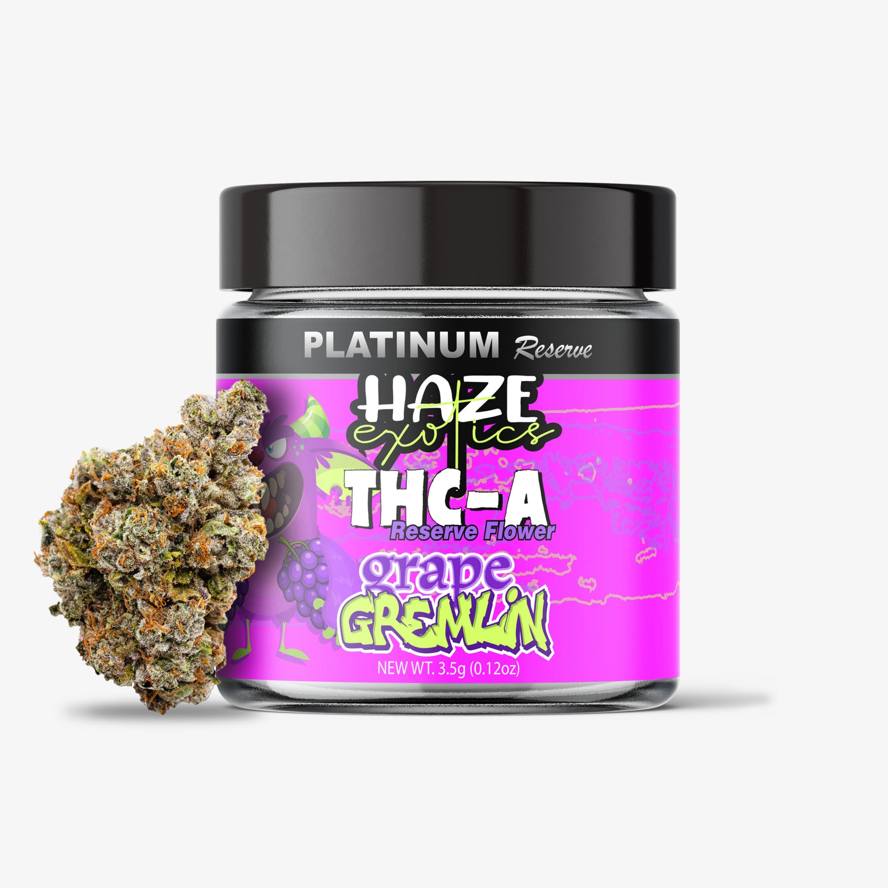 Jar of Platinum Reserve Grape Gremlin THC-A flower on a white background