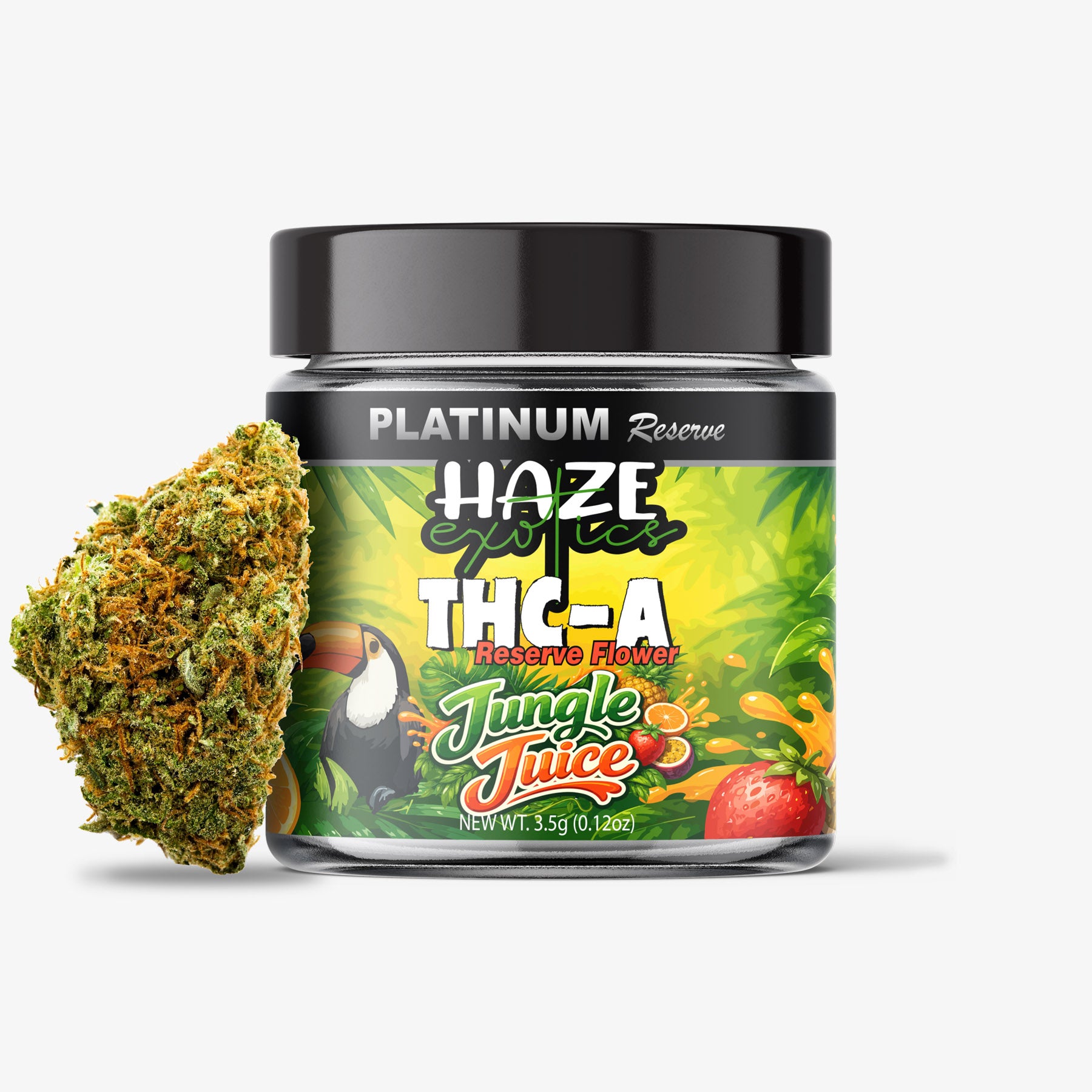 Jar of Jungle Juice THC-A flower with a bud on a white background