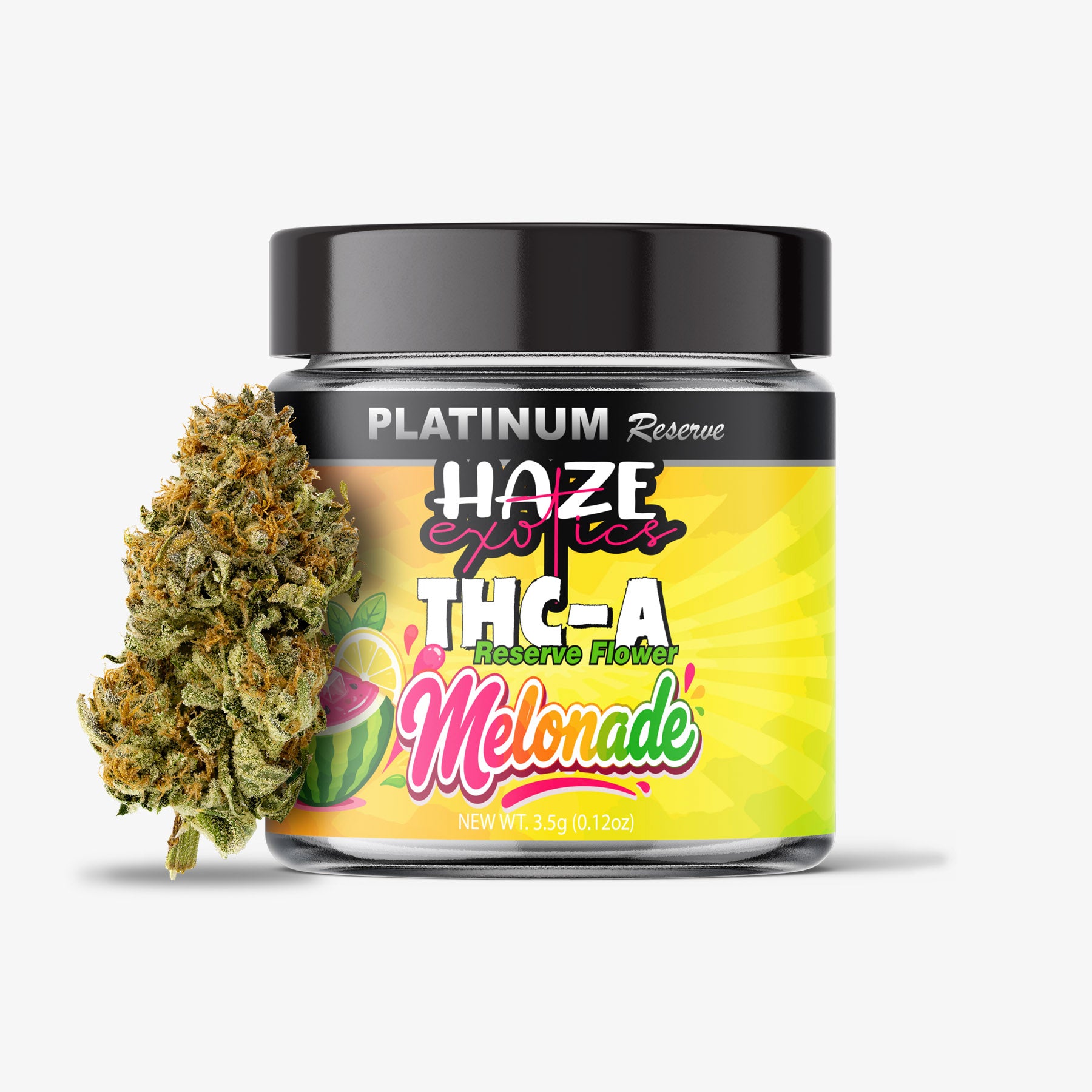 Jar of Melonade THC-A flower with a bud on a white background