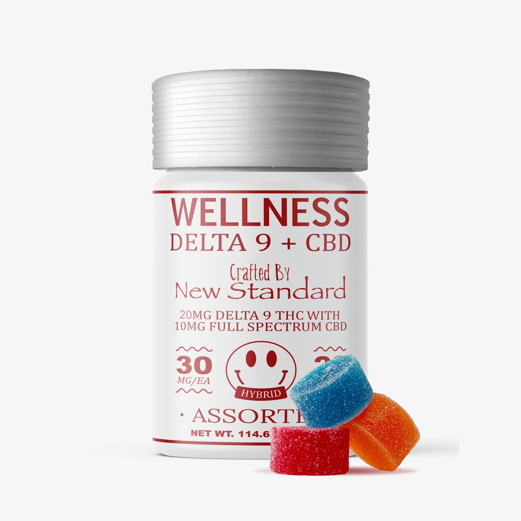 Jar of Wellness Delta 9 + CBD gummies with two gummies in front on a white background