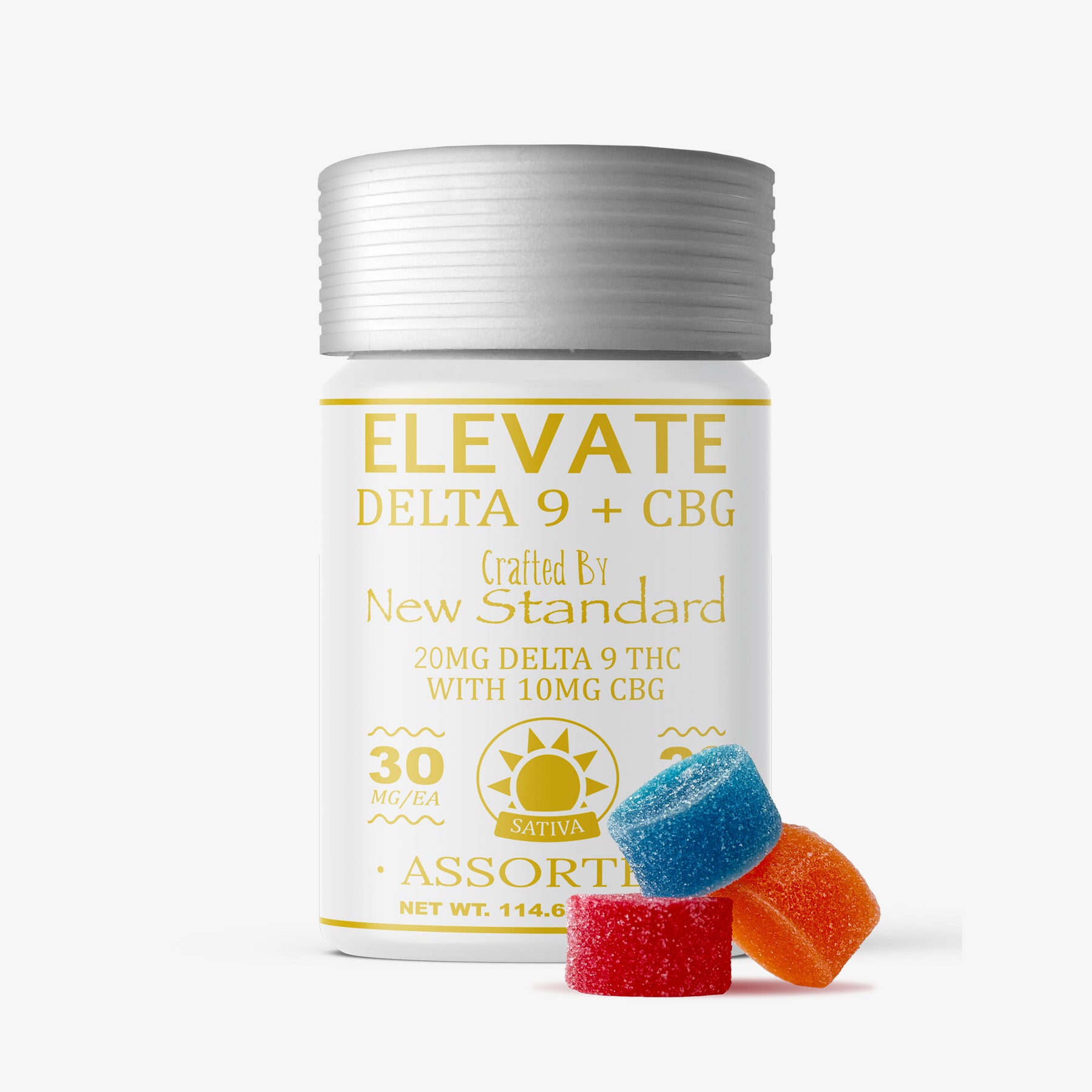 Container of Elevate Delta 9 + CBG gummies with two colorful gummies in front on a white background