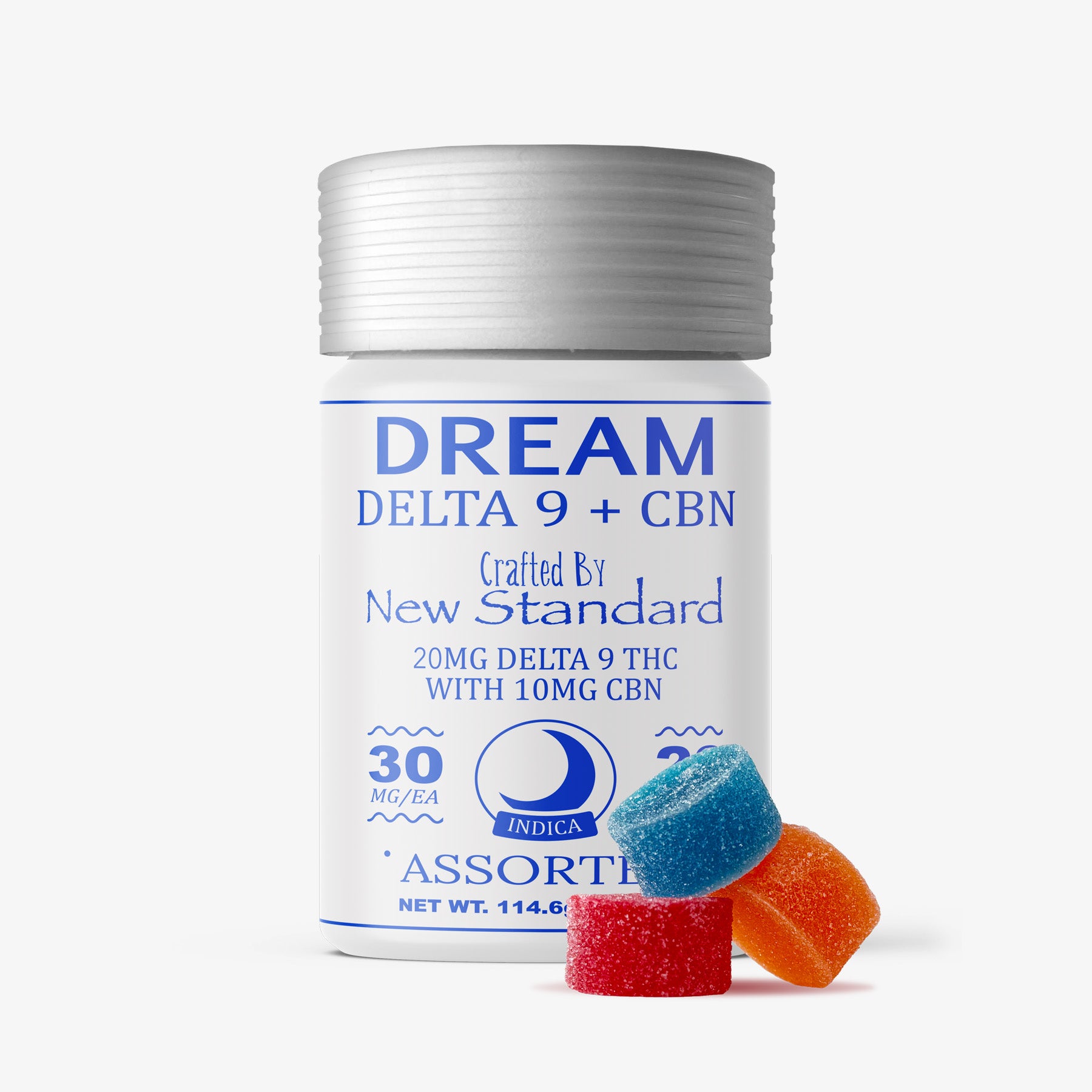Jar of Dream Delta 9 + CBN gummies with two colorful gummies in front on a white background