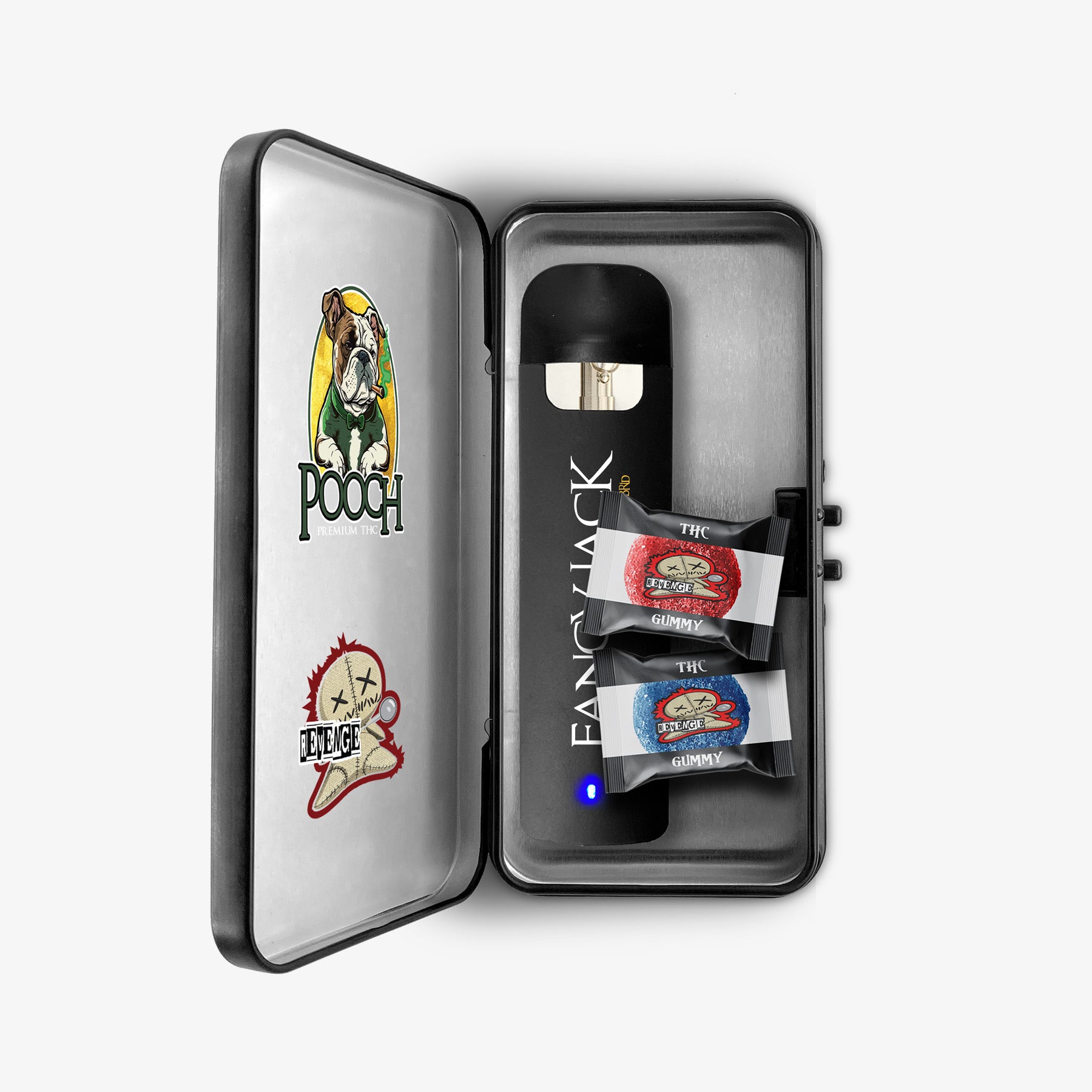 THC-A Disposable with dog-themed pouches on a white background