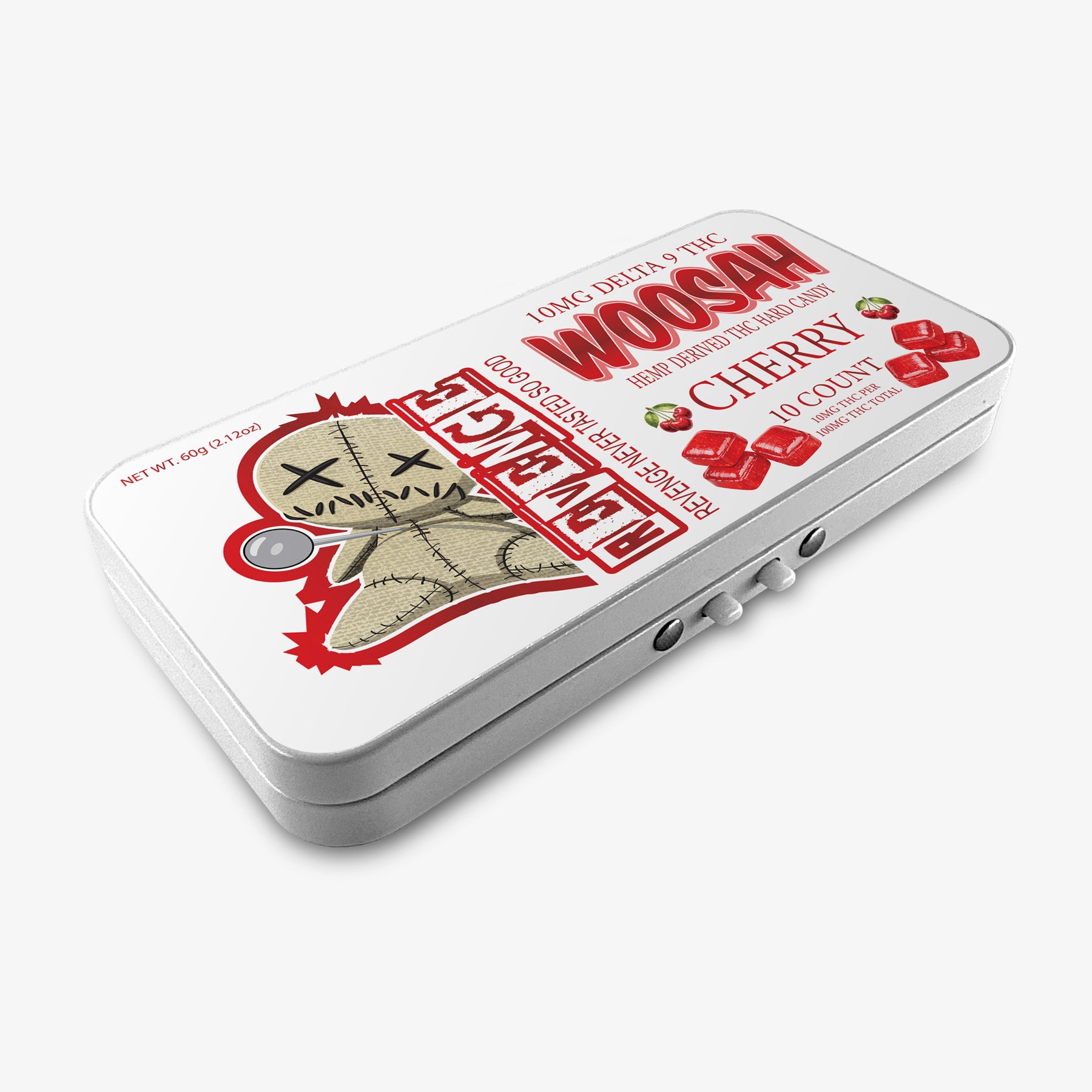 revenge delta 9 thc hard candy cherry in a cloased tin box