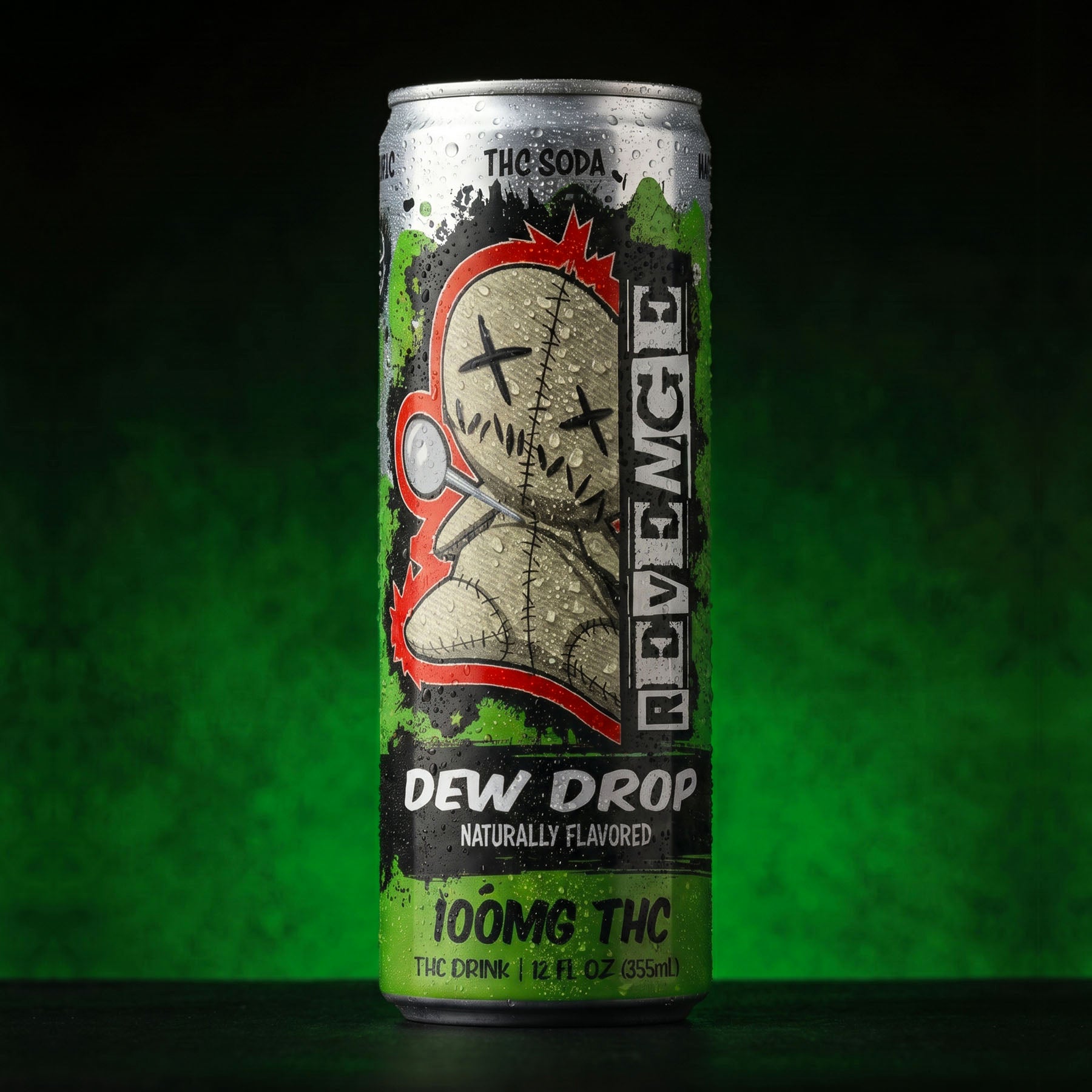 A 12 fl oz can of Revenge THC Soda, specifically Dew Drop flavor, featuring a graphic of a stitched voodoo doll with a red eye on a black and green background.