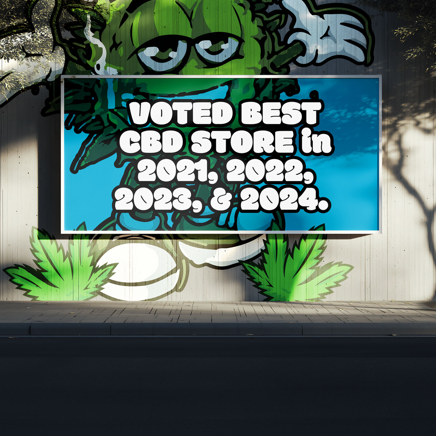 Advertisement for a CBD store with a green leafy graphic and text saying voted best in multiple years.