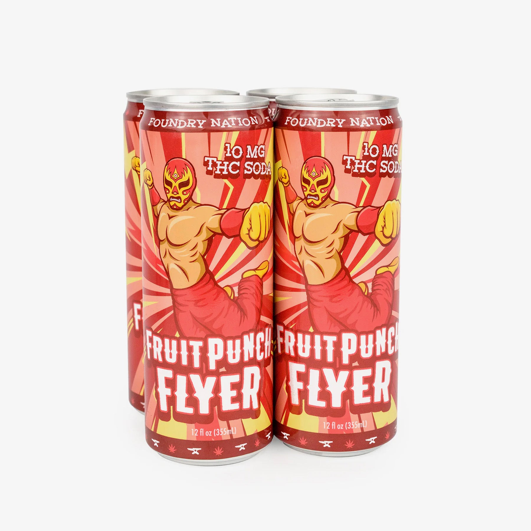 Three cans of Foundry Nation Fruit Punch Flyer THC soda on a white background