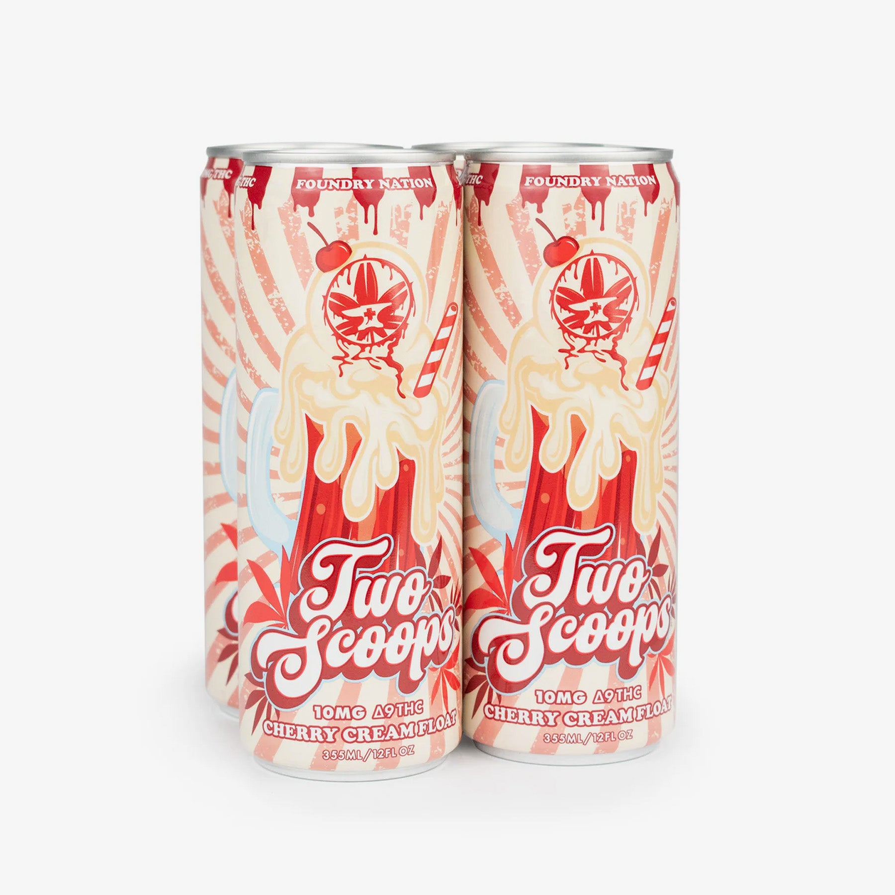 Two cans of Two Scoops cherry cream flavor on a white background