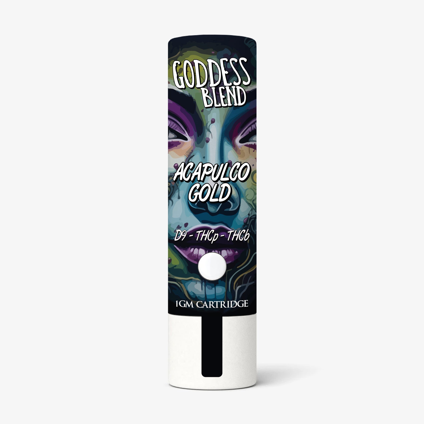 Cannabis cartridge packaging with 'Goddess Blend Acapulco Gold' branding on a white background