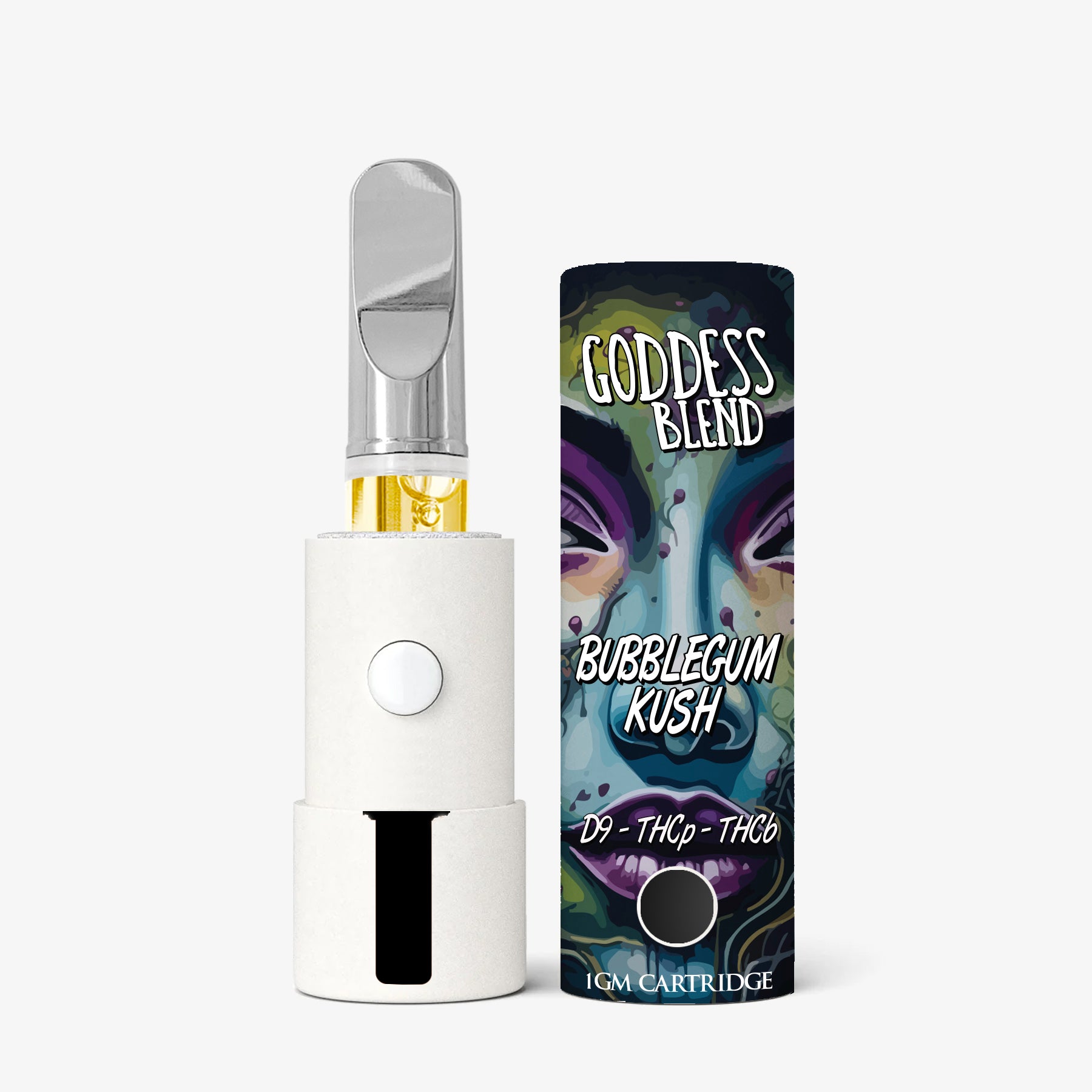 Vape pen and its packaging labeled 'Goddess Blend Bubblegum Kush' on a white background