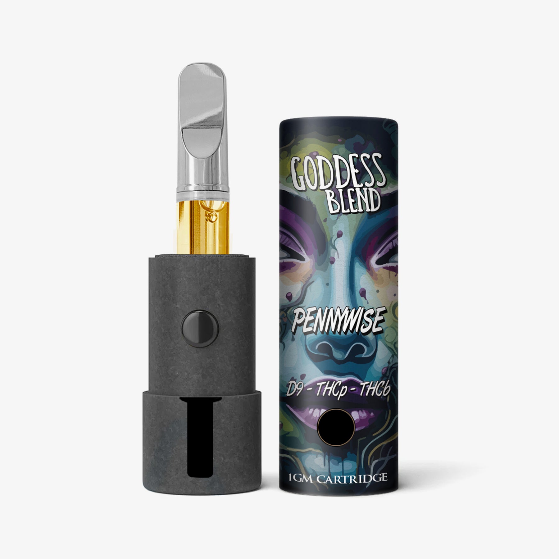 Vape pen and its packaging labeled 'Pennywise' with 'Goddess Blend' on a white background