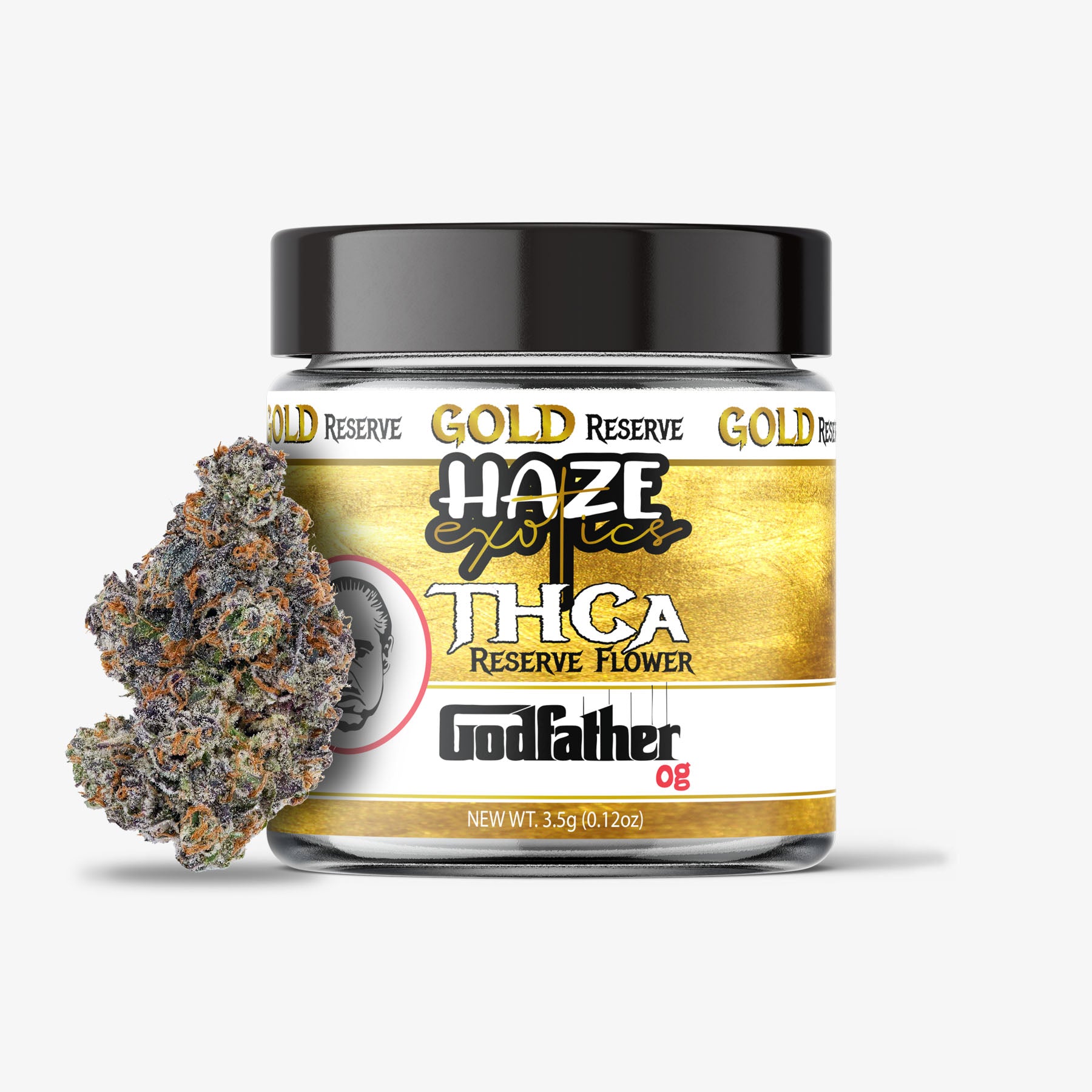 Haze Exotics Gold Reserve Godfather OG cannabis jar with a cannabis bud on a white background