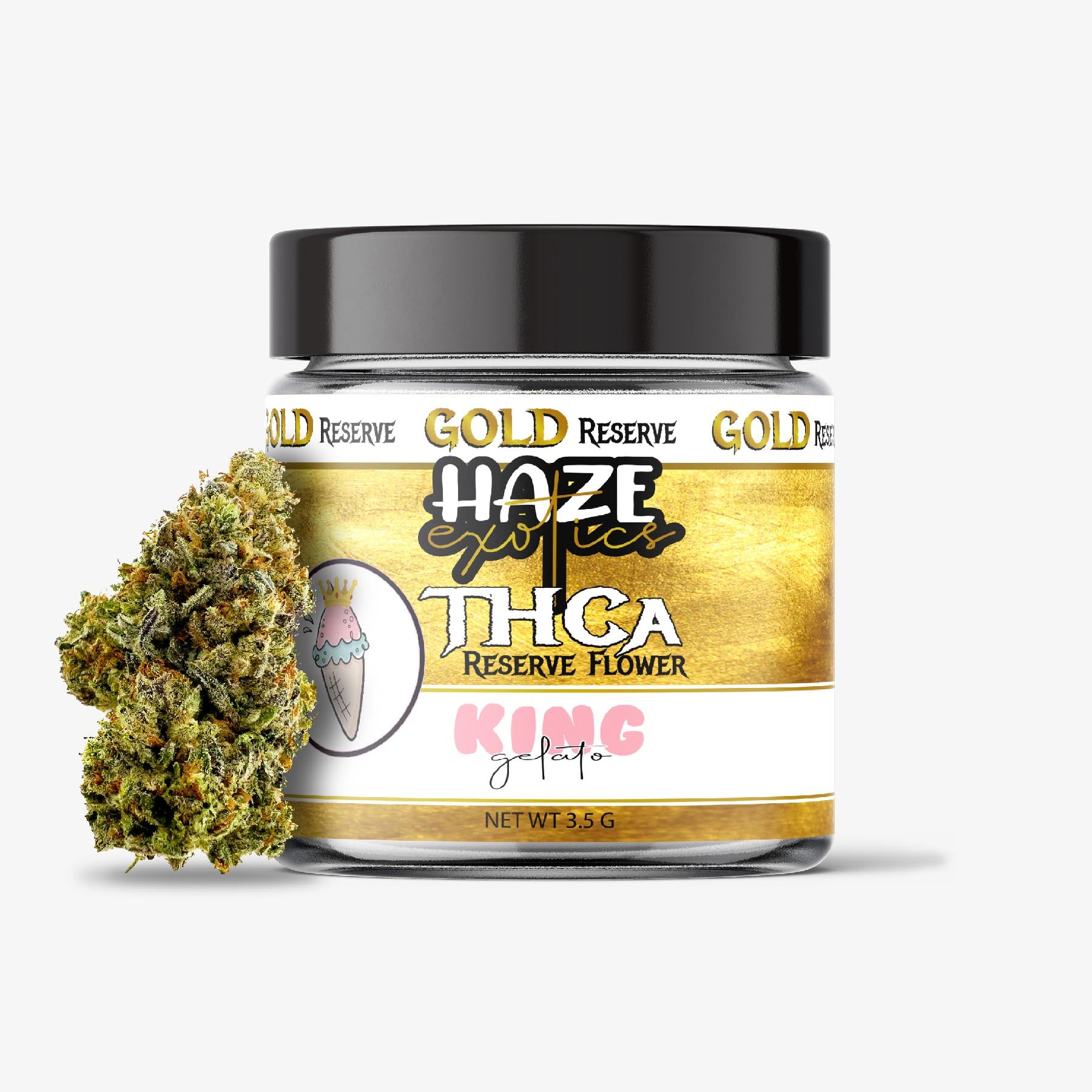 haze exotics gold reserve thc-a flower king gelato 3.5 gram jar