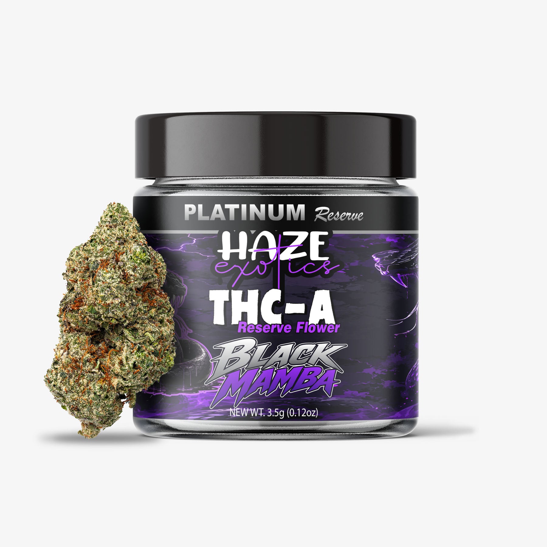 Jar of Black Mamba THC-A Reserve Flower with a cannabis bud on a white background