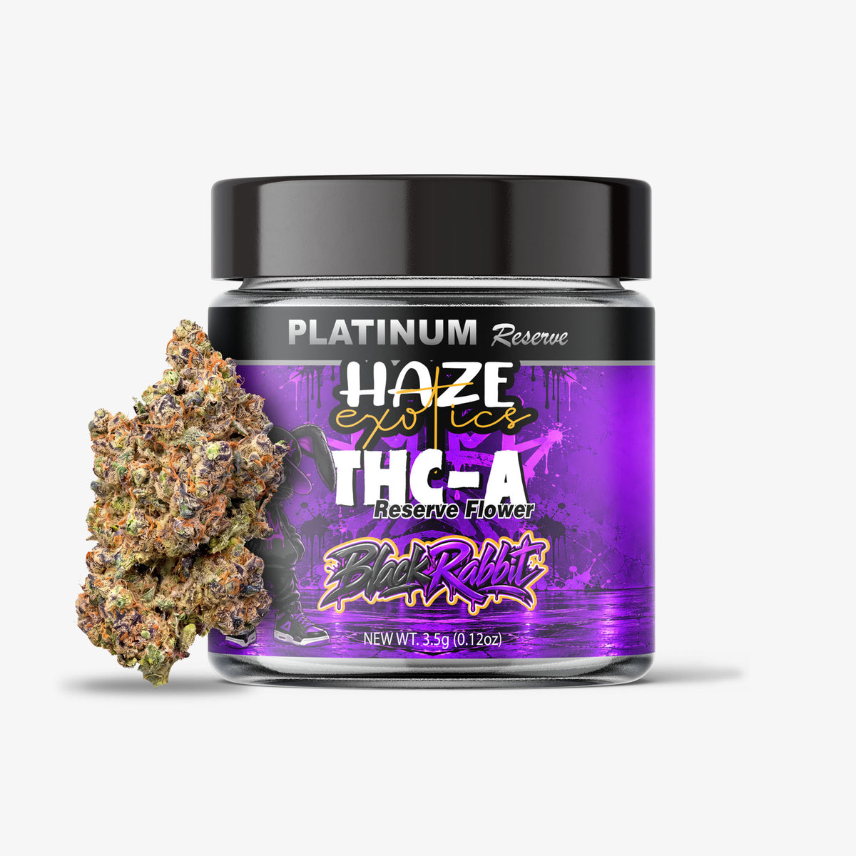 A jar of Platinum Reserve Haze Exotics THC-A Flower black rabbit, shown on a light gray background with a cannabis bud placed beside the jar.