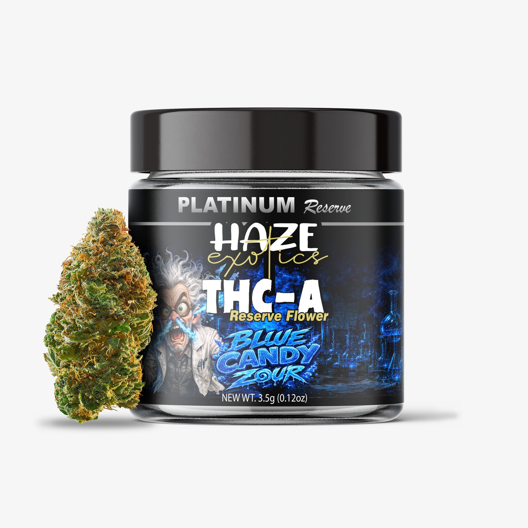 Jar of Platinum Reserve Haze Exotics THC-A flower with a cannabis bud on a white background