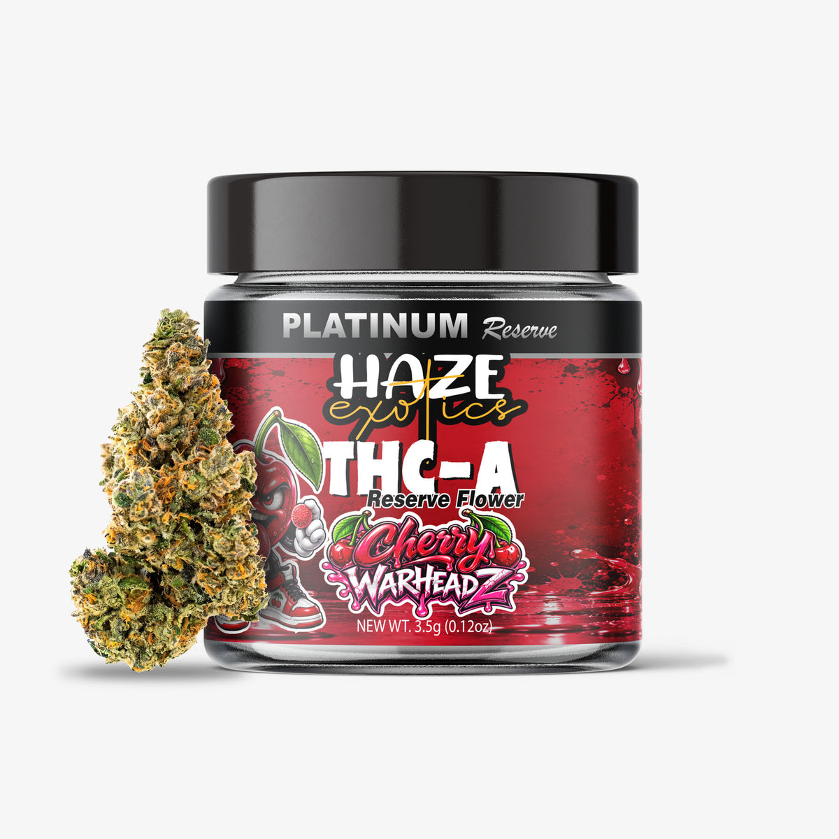 A jar of Platinum Reserve Haze Exotics THC-A Cherry Warhead reserve flower, shown next to a dried cannabis bud on a light gray background.