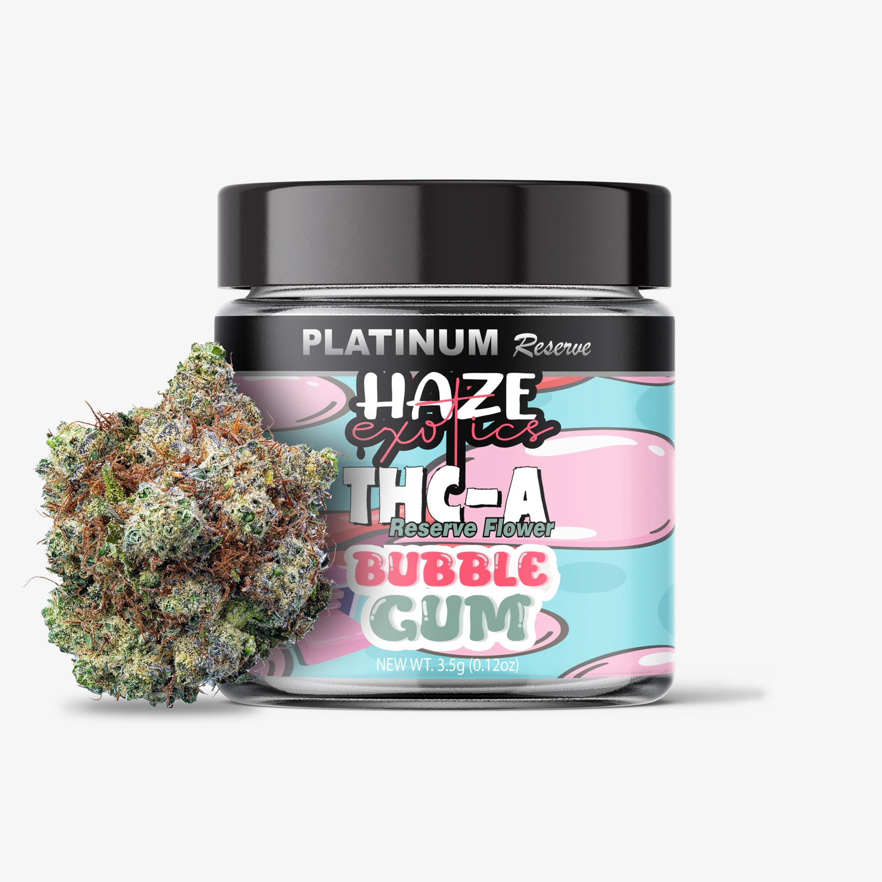 Jar of 'Platinum Reserve' THC-A bubble gum flavor with cannabis buds on a white background