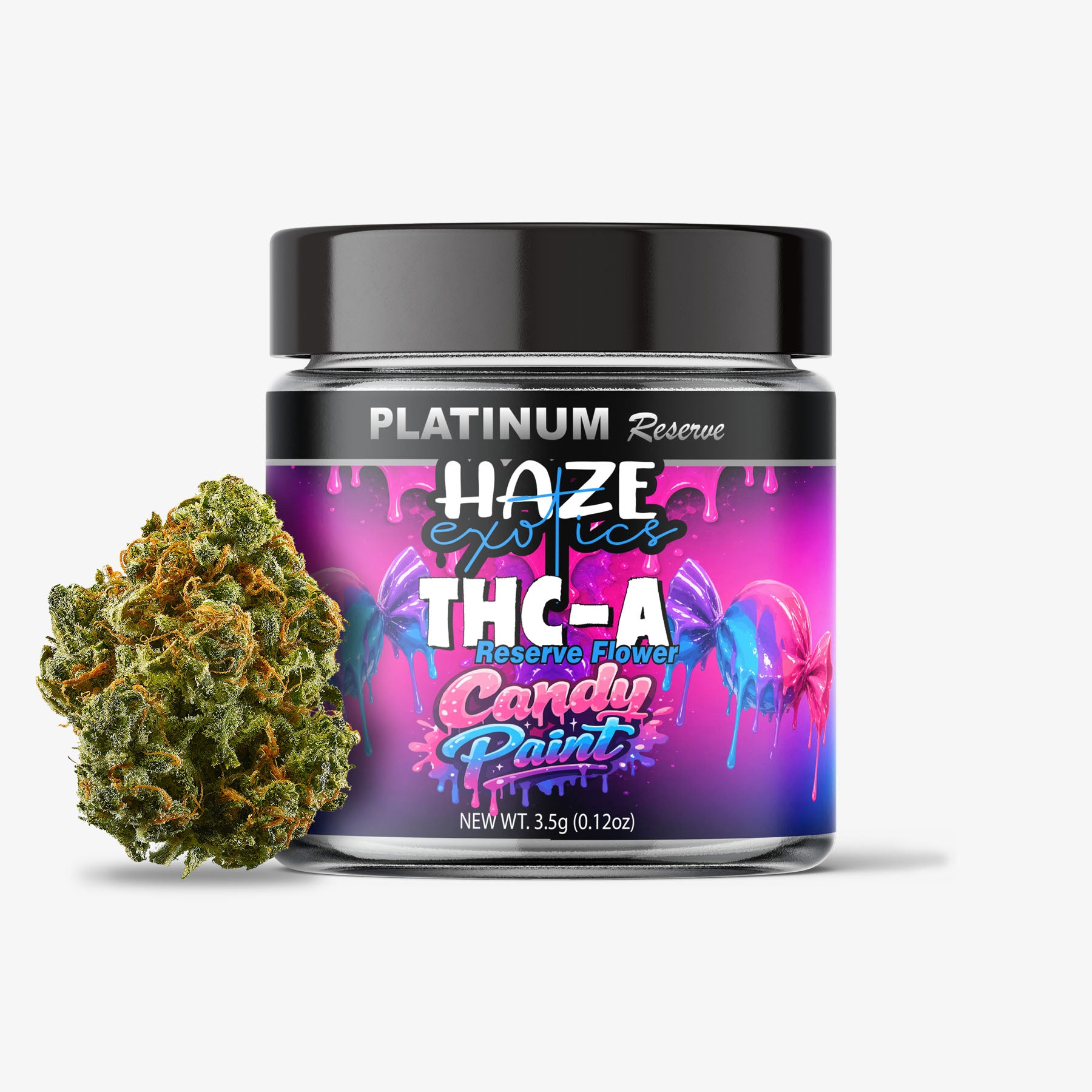 Jar of Platinum Reserve Haze THC-A candy paint with a cannabis bud on a white background