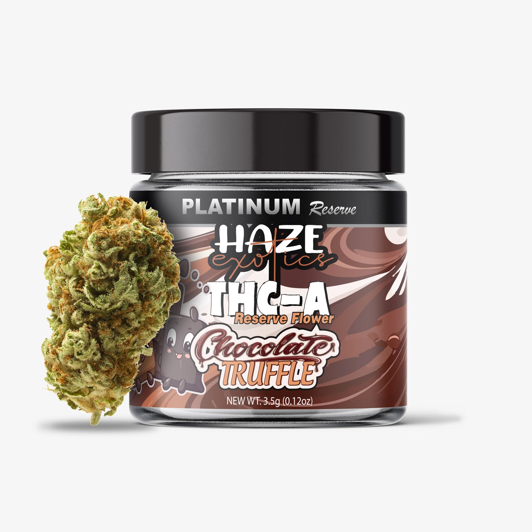 Jar of Platinum Reserve Haze THC-A Chocolate Truffle flower on a white background
