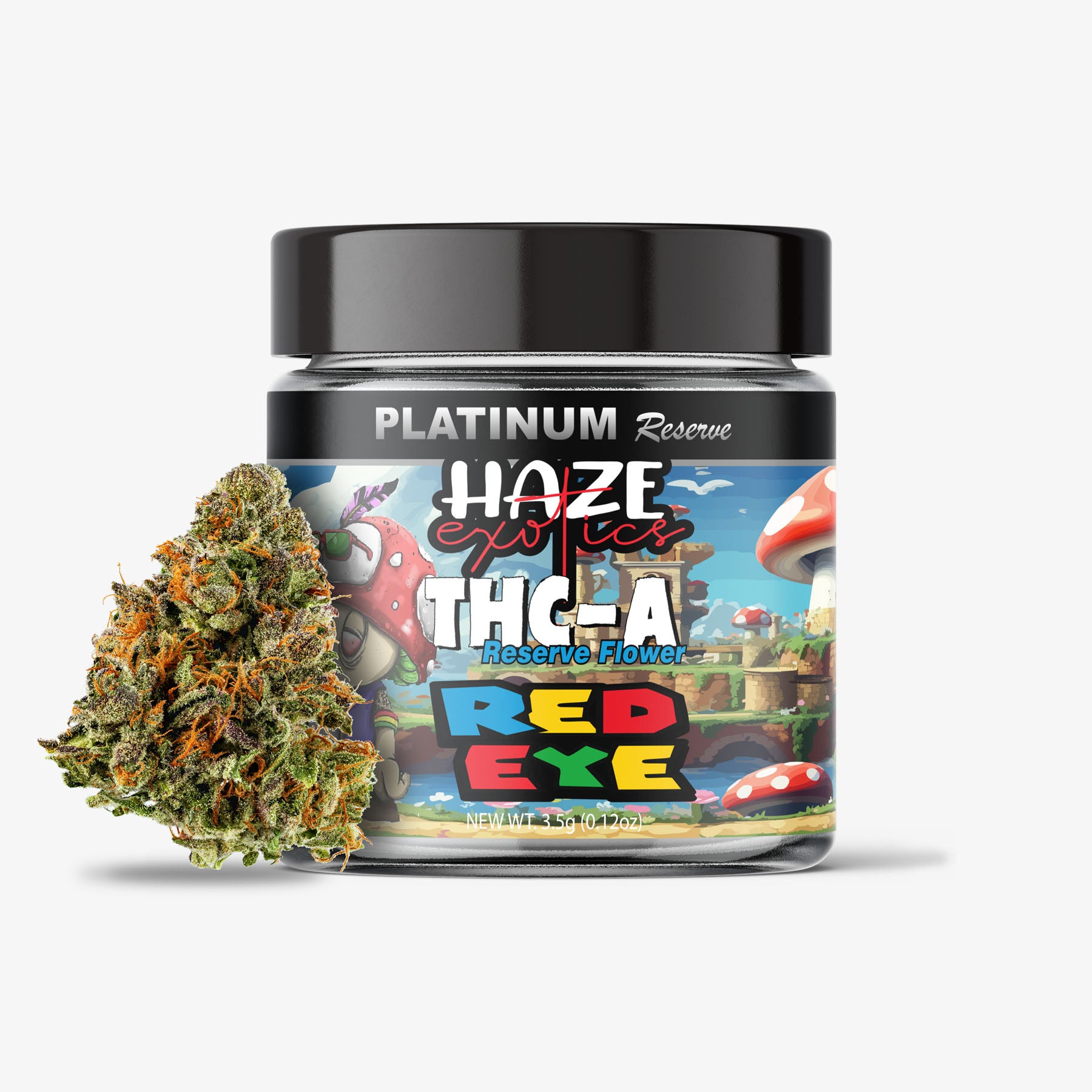 Jar of Red Eye THC-A strain with colorful label and dried cannabis on a white background