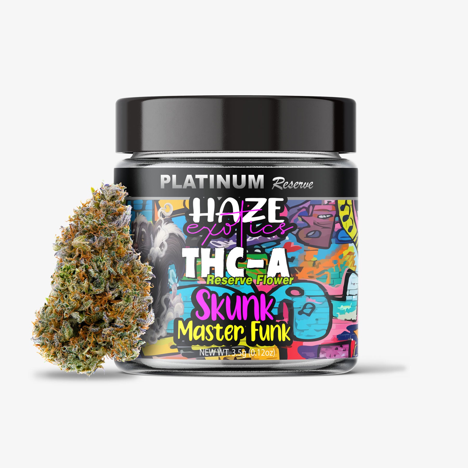 Jar of Platinum Reserve Haze Exotics THC-A flower with colorful label and cannabis bud on a white background