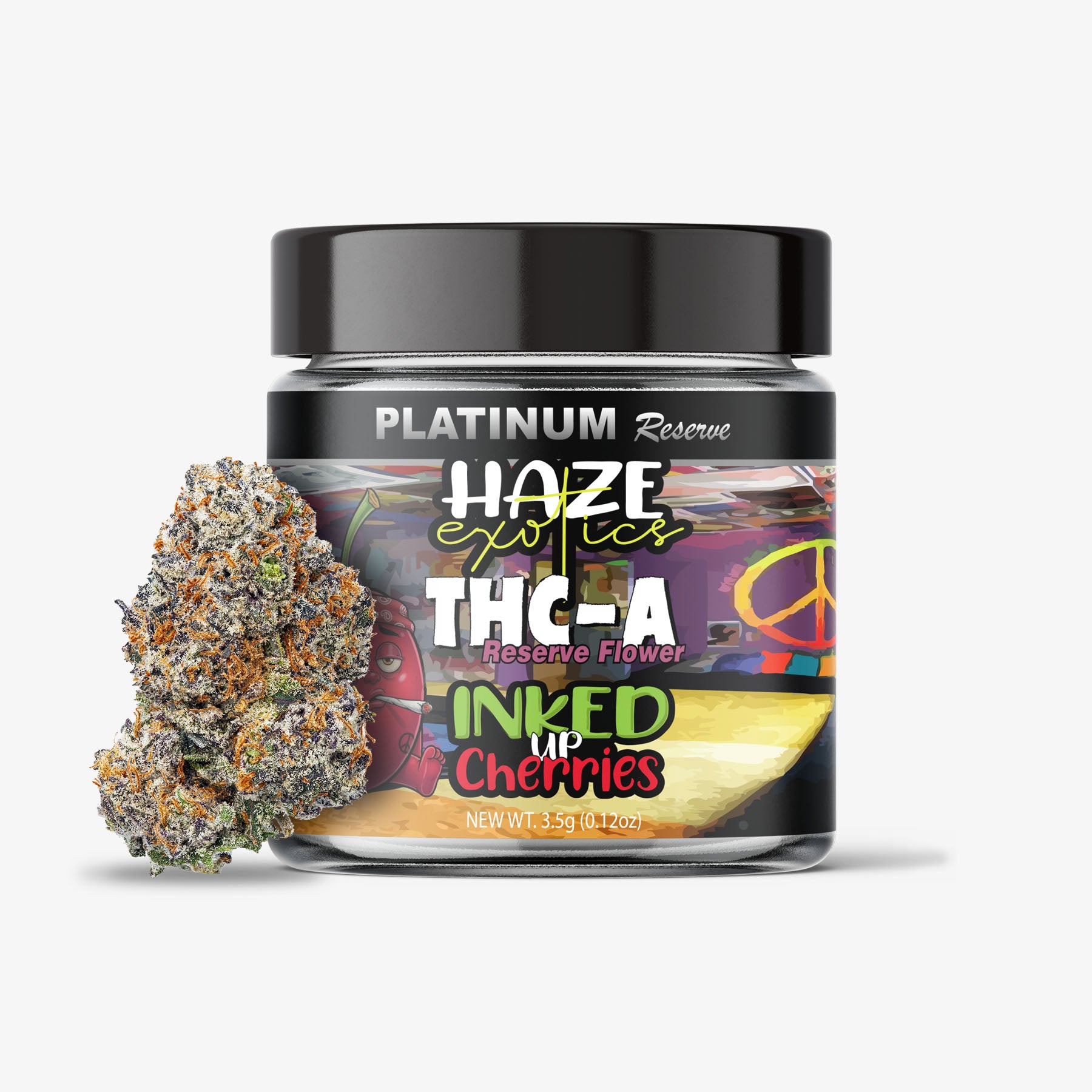 Jar of Platinum Reserve Haze Exotics THC-A flower with a cannabis bud on a white background