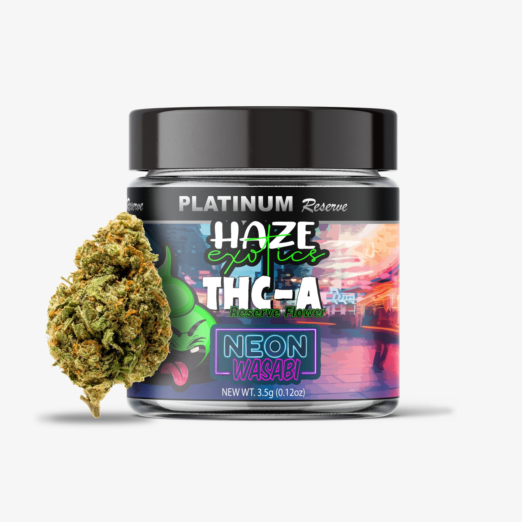 Jar of Platinum Reserve Haze Exotics THC-A Neon Wasabi with cannabis bud on a white background