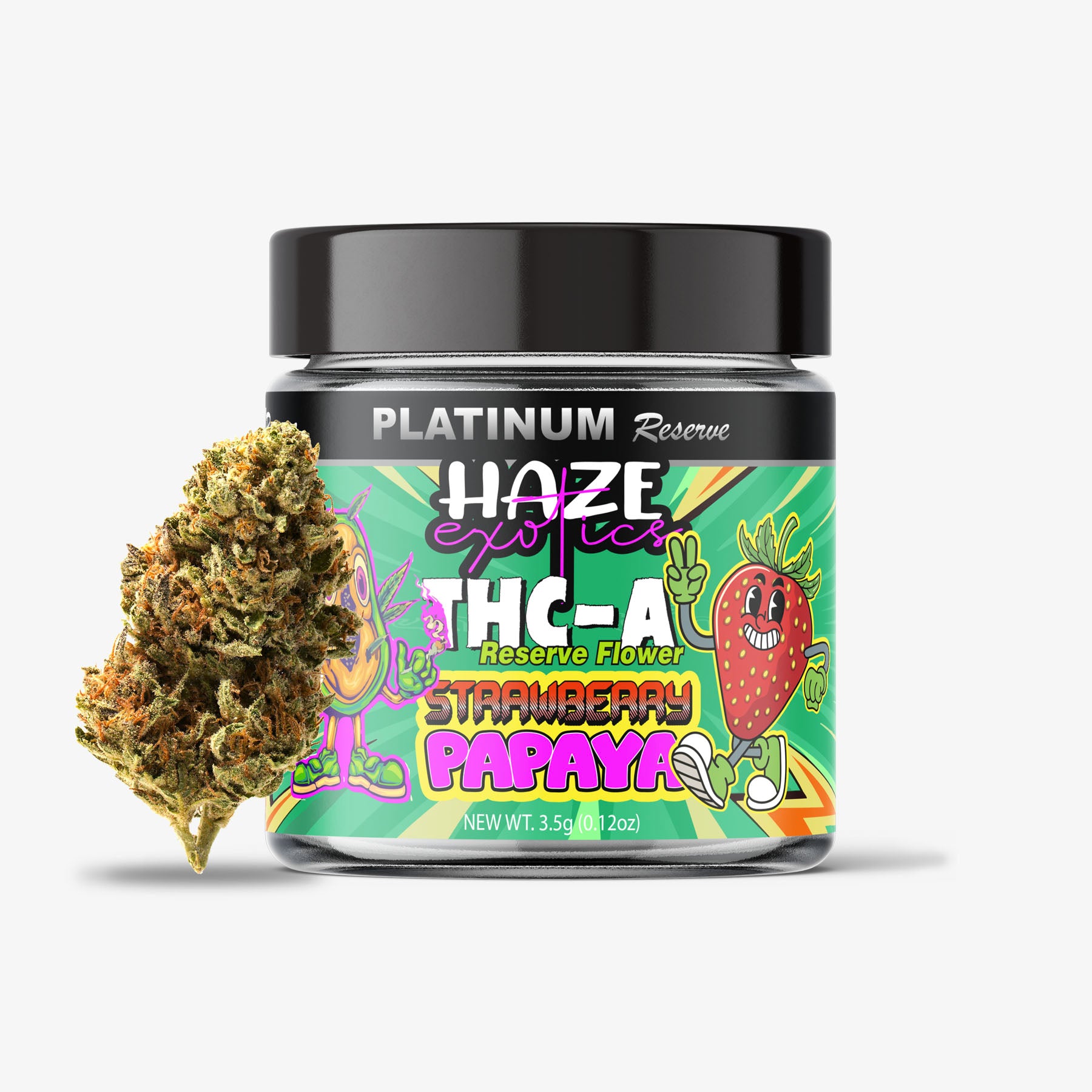 Jar of 'Platinum Reserve' THC-A Strawberry Papaya flower with a piece of cannabis on a white background
