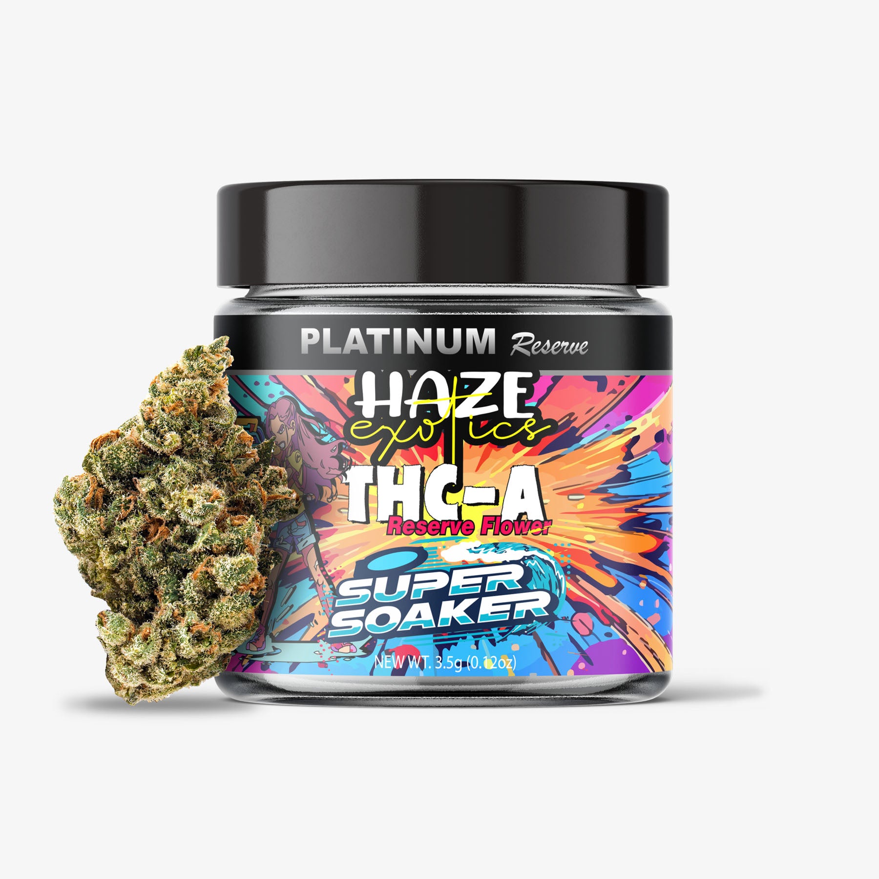Jar of Platinum Reserve Haze Exotics THC-A Super Soaker with a clump of cannabis next to it on a white background