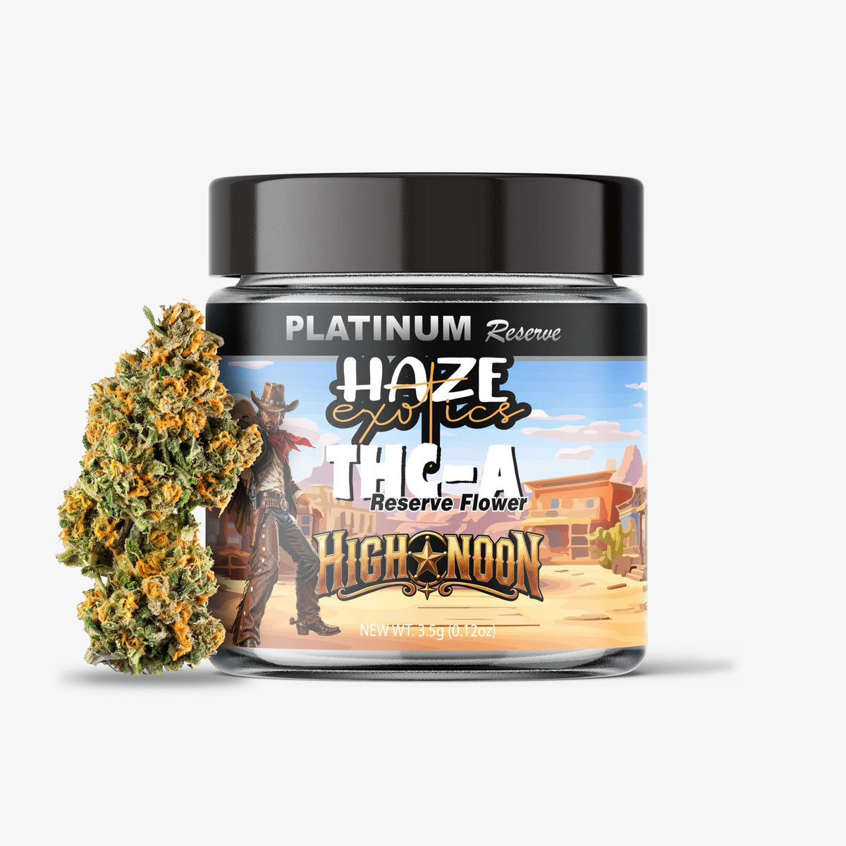 A clear plastic jar of High Noon Reserve Flower with a black lid and a colorful label, shown next to a large dried cannabis bud on a light gray background.