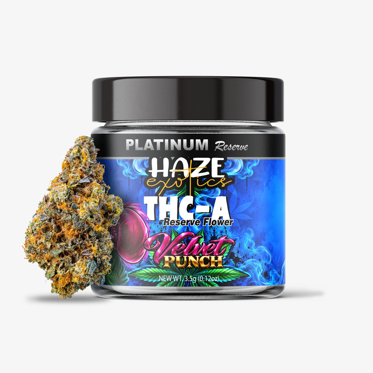 Image of Platinum Reserve THC-A Velvet Punch 3.5 gram jar with nugget on a white background.