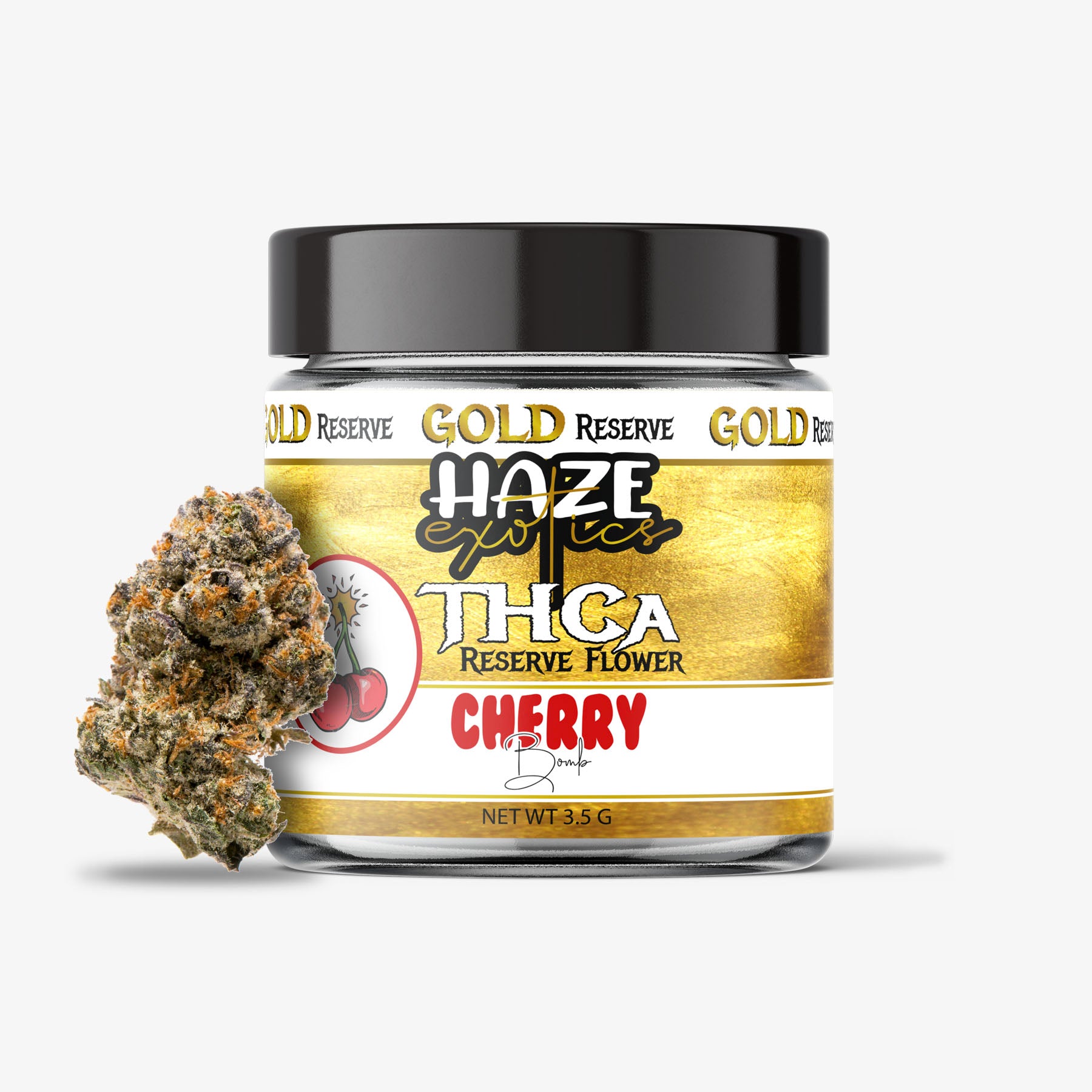 haze exotics gold reserve thc-a flower cherry bomb 3.5 gram jar