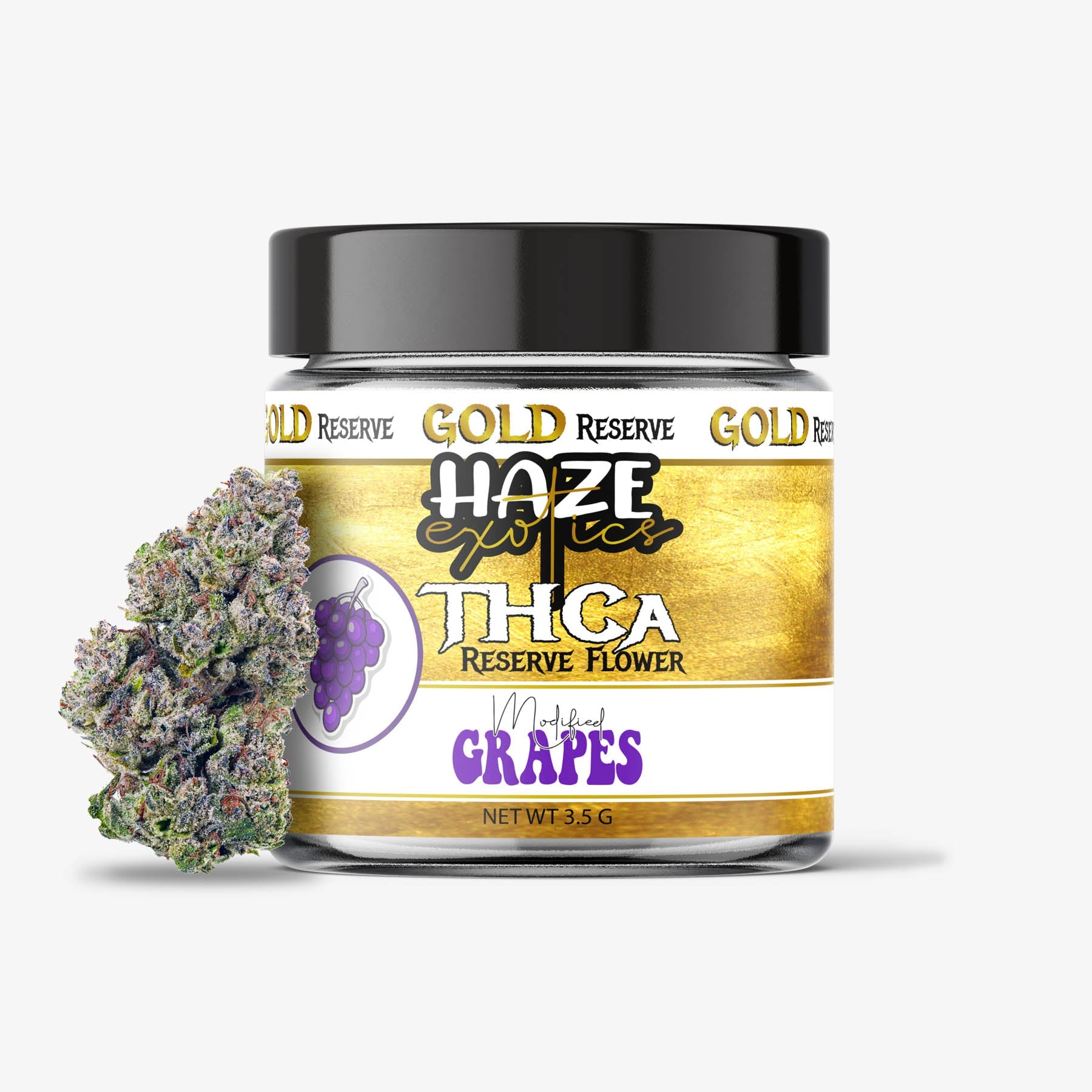 haze exotics gold reserve thc-a flower modified grapes 3.5 gram jar