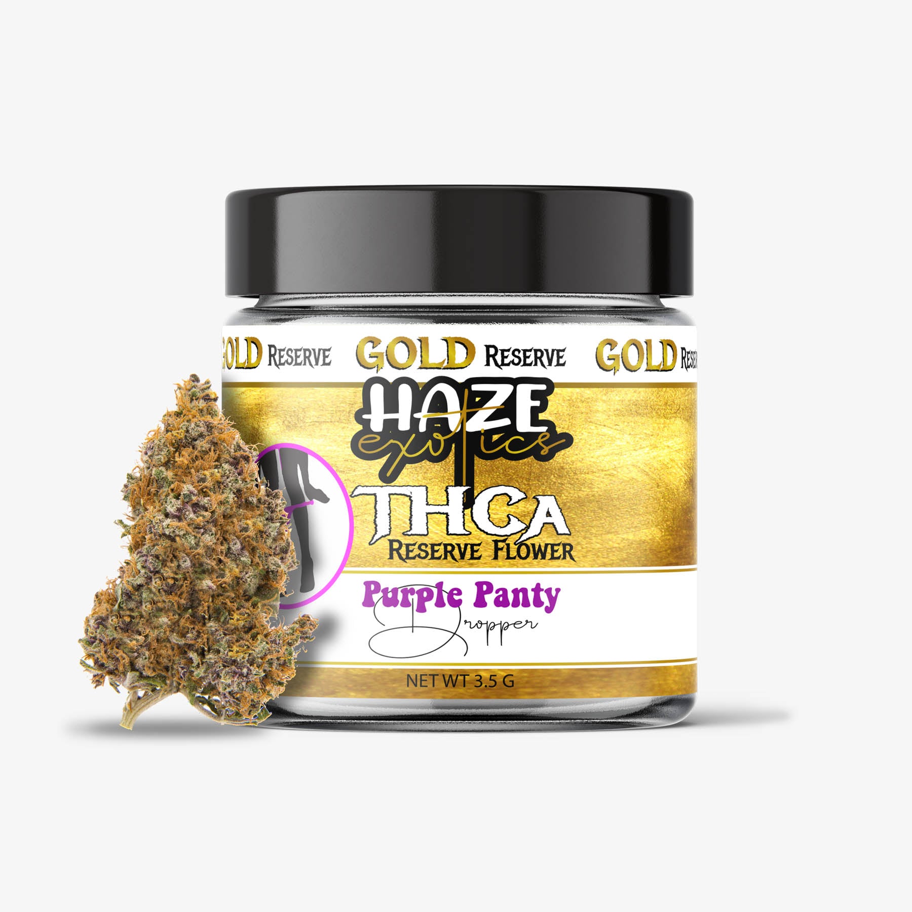 haze exotics gold reserve thc-a flower purple panty dropper 3.5 gram jar