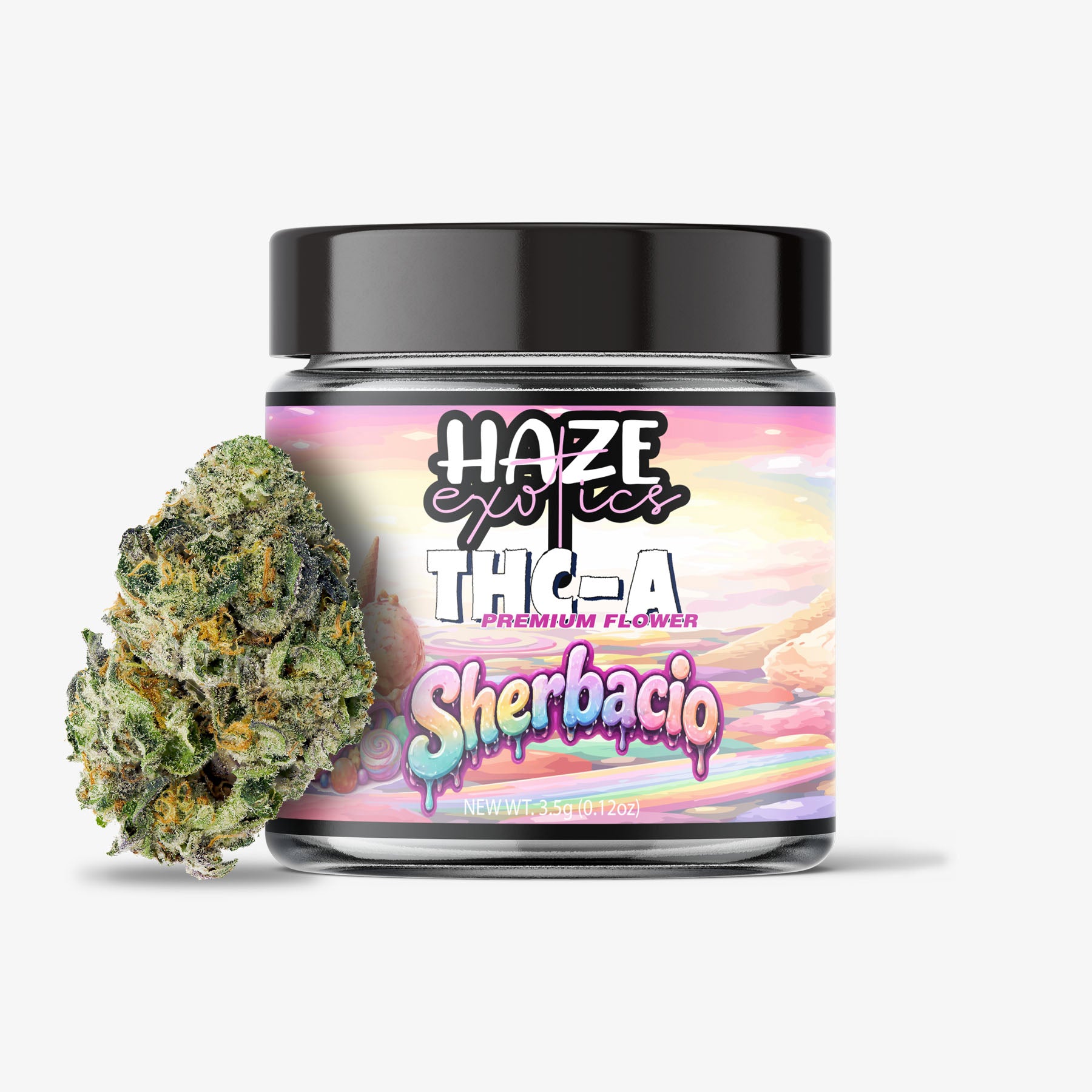 Jar of 'Haze' THC-A Sherbacio flower with a cannabis bud on a white background