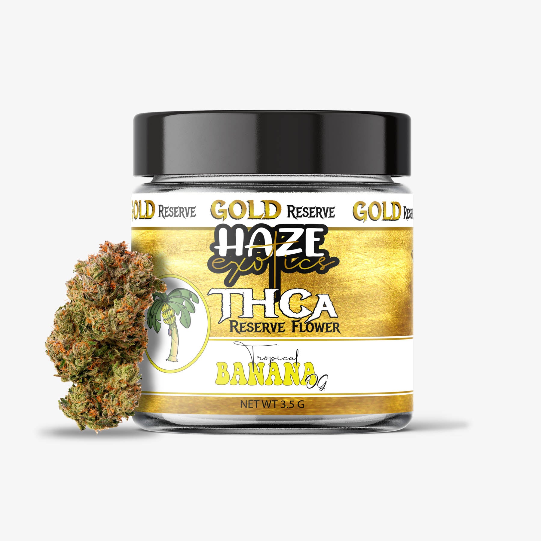 haze exotics gold reserve thc-a flower tropical banana og 3.5 gram jar