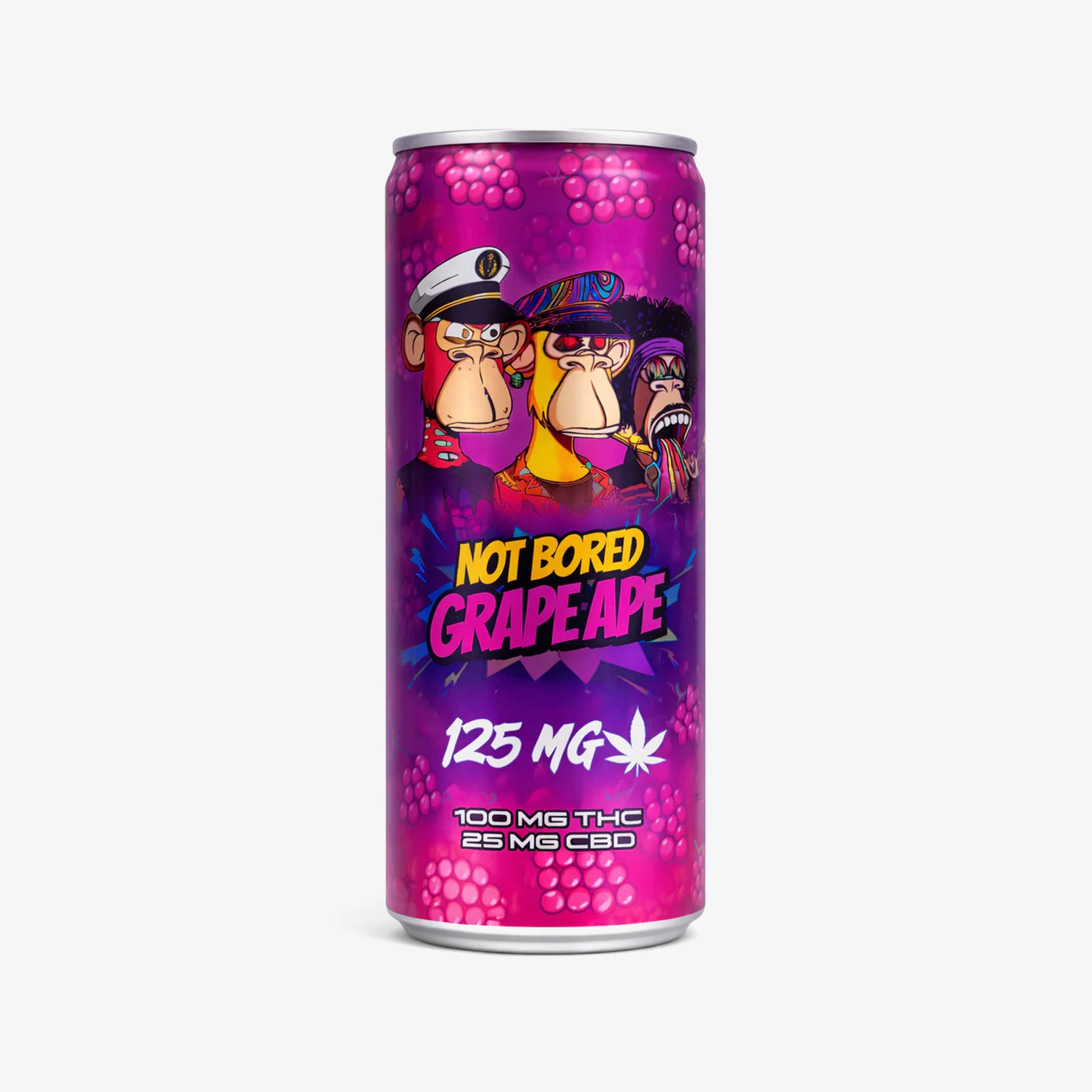 Purple can with cartoon characters and 'Not Bored Grape Ape' text on a white background
