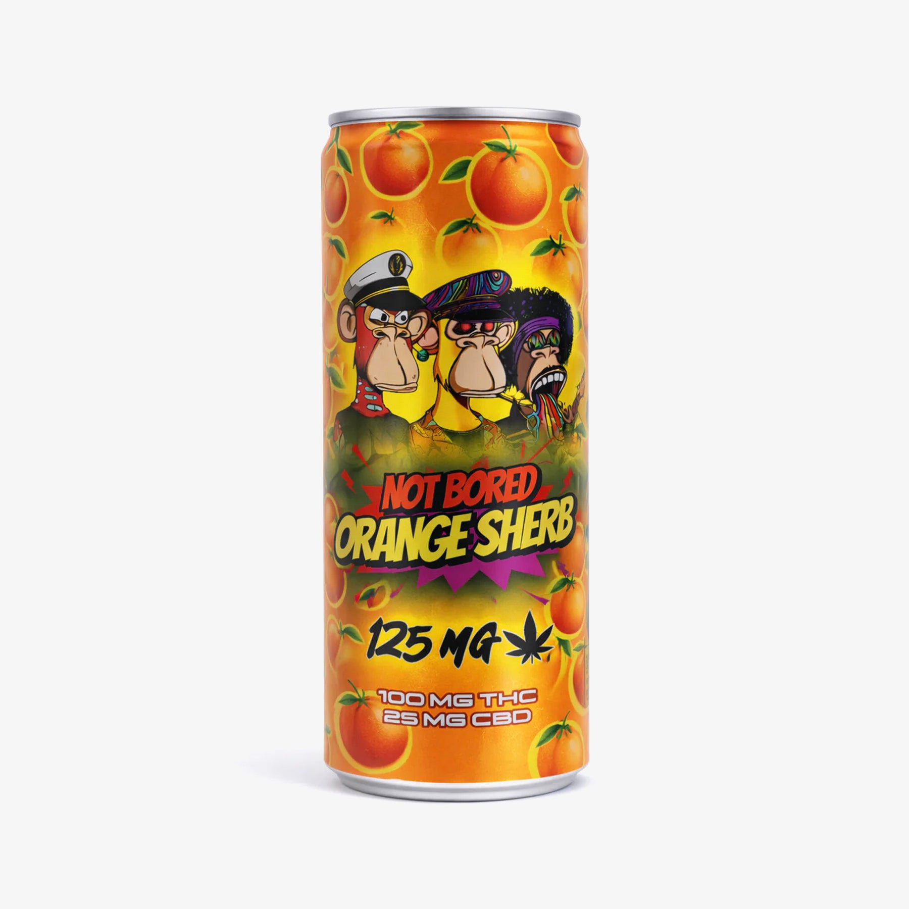 Can of 'Not Bored Orange Sherb' with cartoon characters on a white background