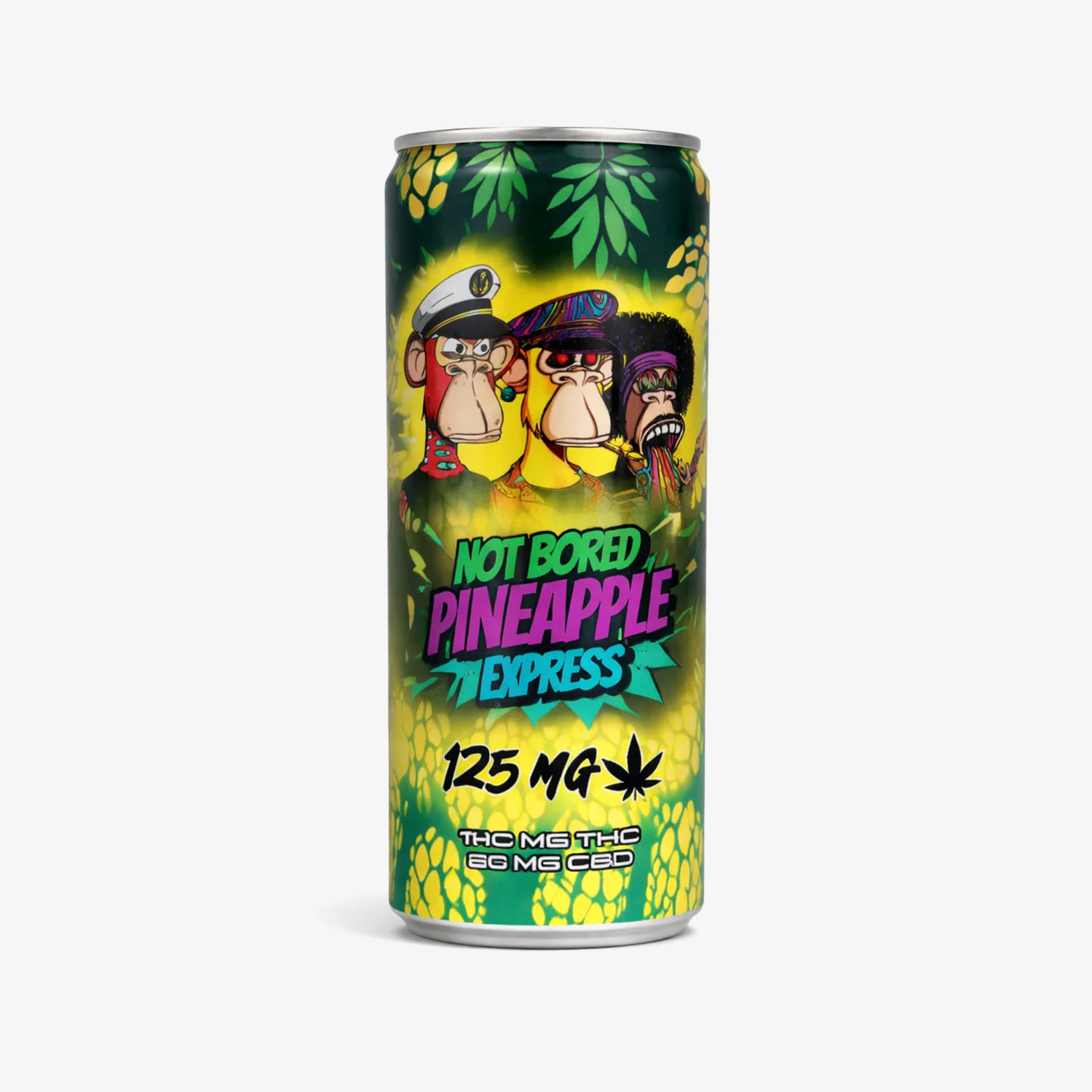 Cannabis product can with cartoon monkey characters and colorful design on a white background
