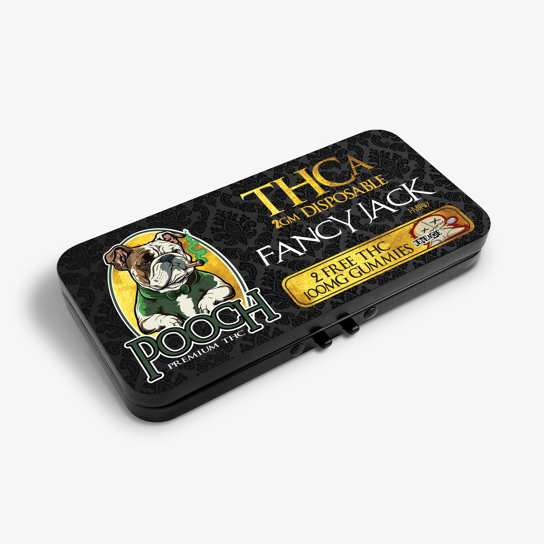 THCA 2g disposable vape pen labeled 'Fancy Jack' with a dog illustration on a white background.