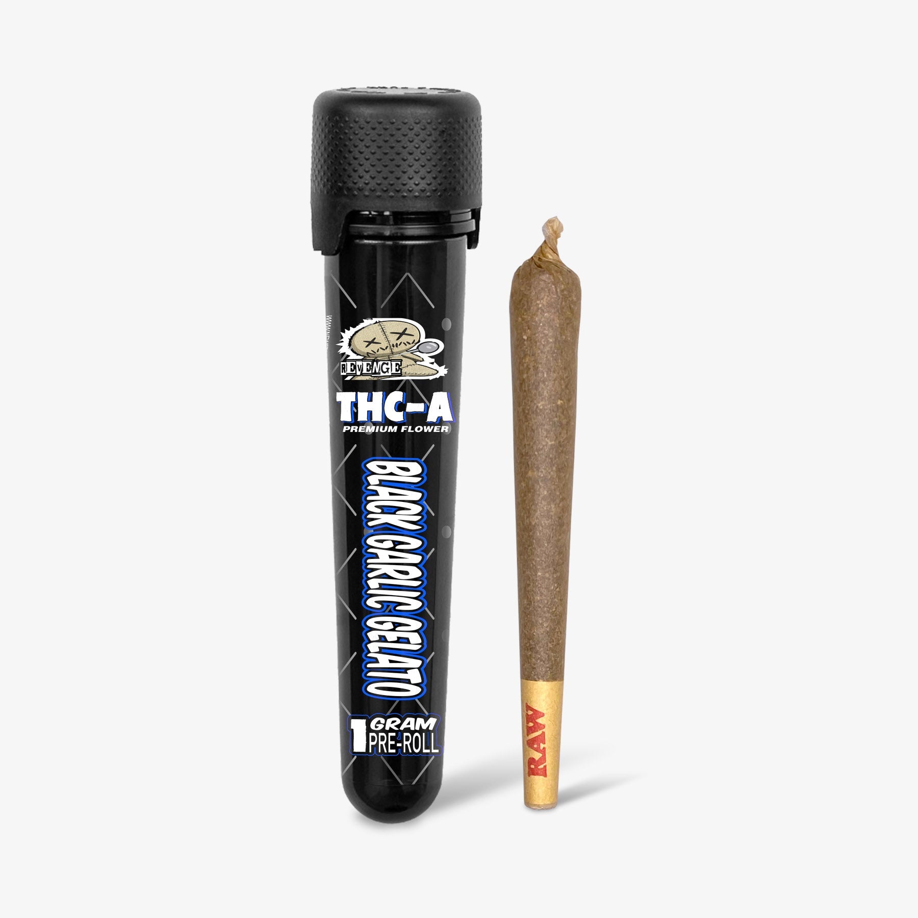 thc-a flower revenge black garlic gelato 1 gram preroll