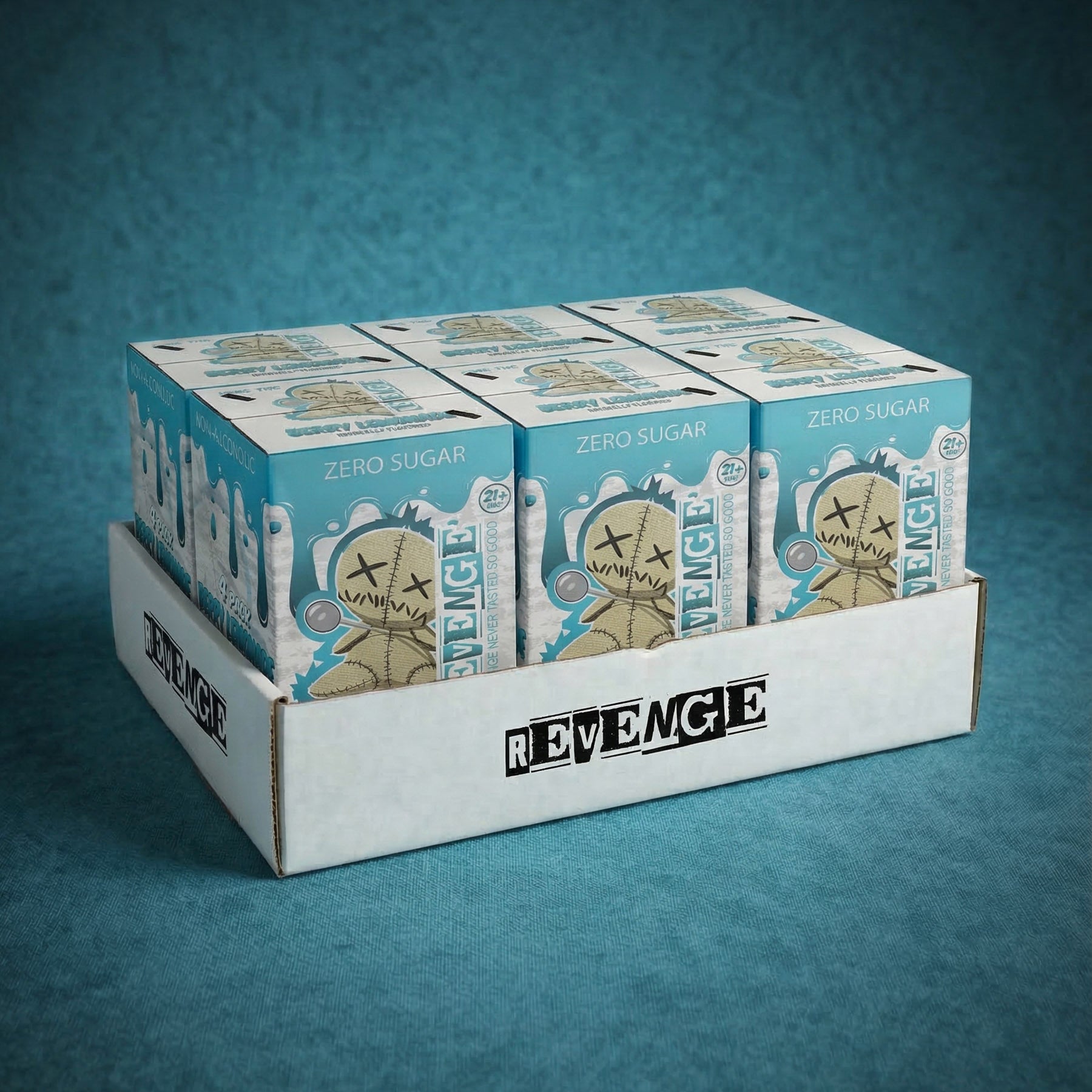 Display of Revenge zero sugar product boxes on a blue textured background