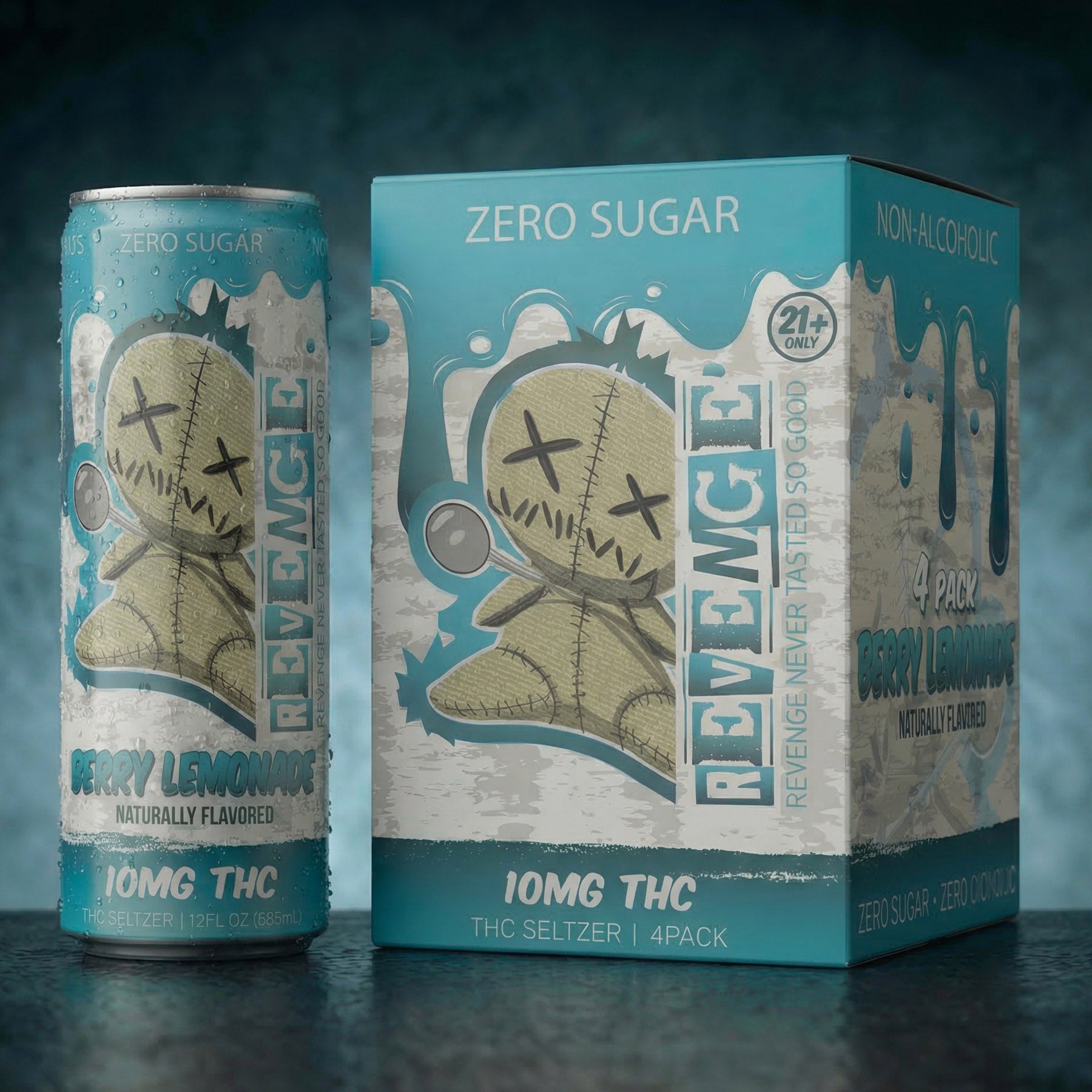  THC seltzer can and packaging with 'Revenge' branding on a dark background