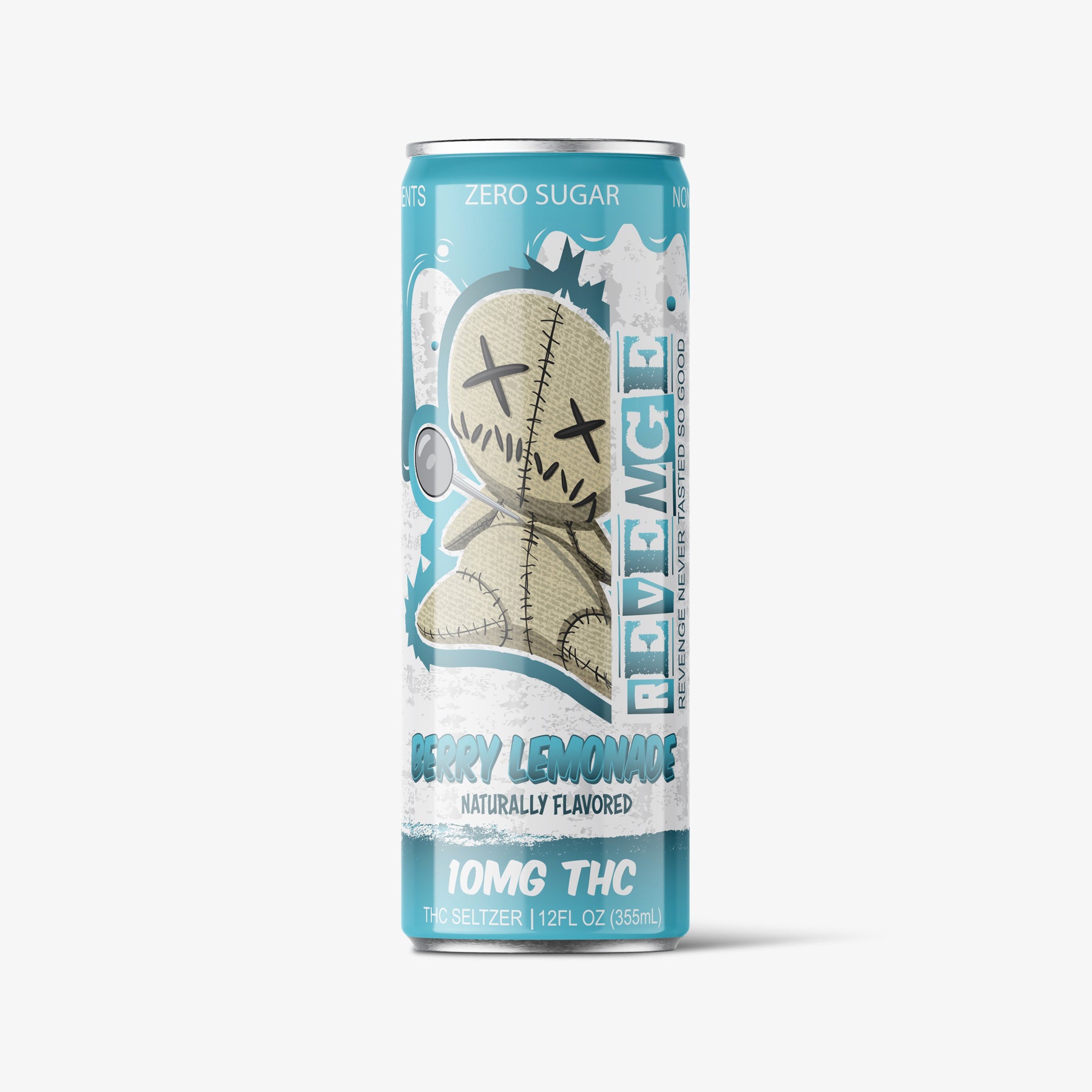 Revenge Berry Lemonade can with a voodoo doll graphic on a white background