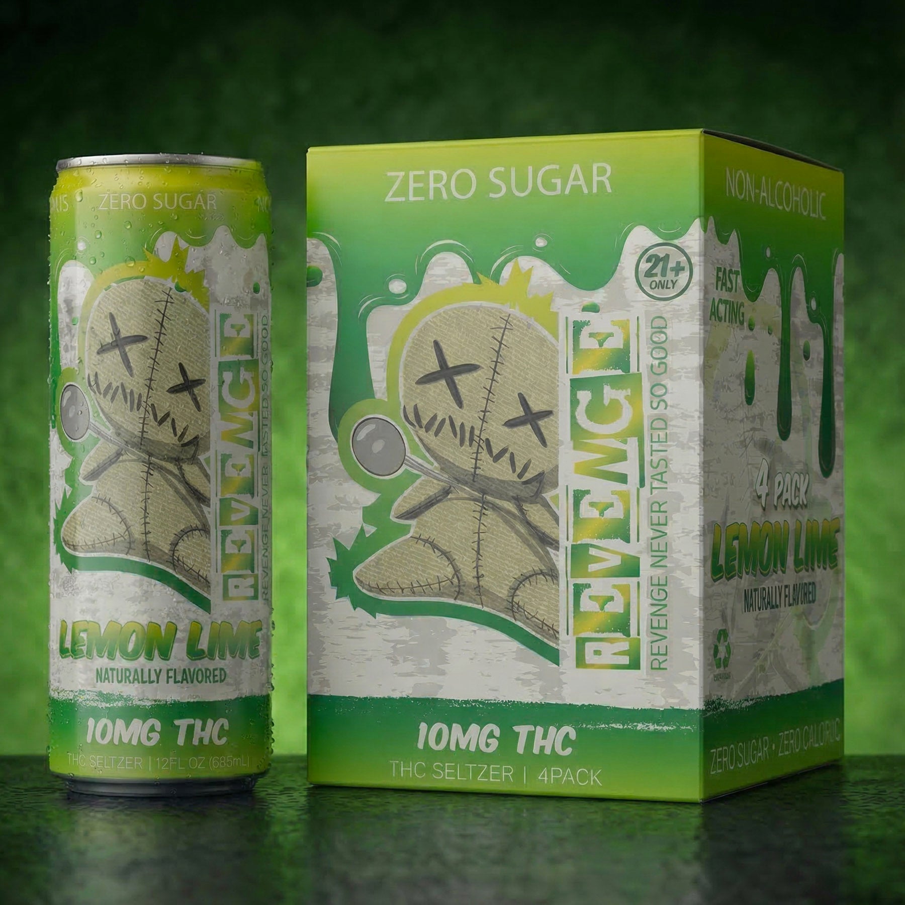 Revenge Lemon Lime THC seltzer can and box on a green background