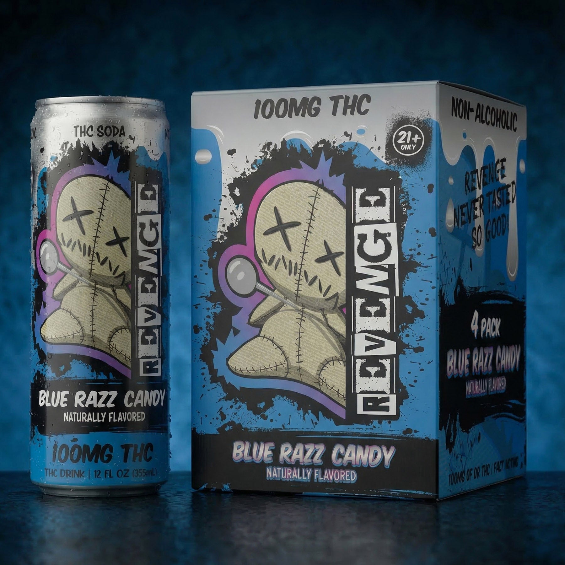 Revenge Blue Razz Candy THC drink can and packaging on a dark background